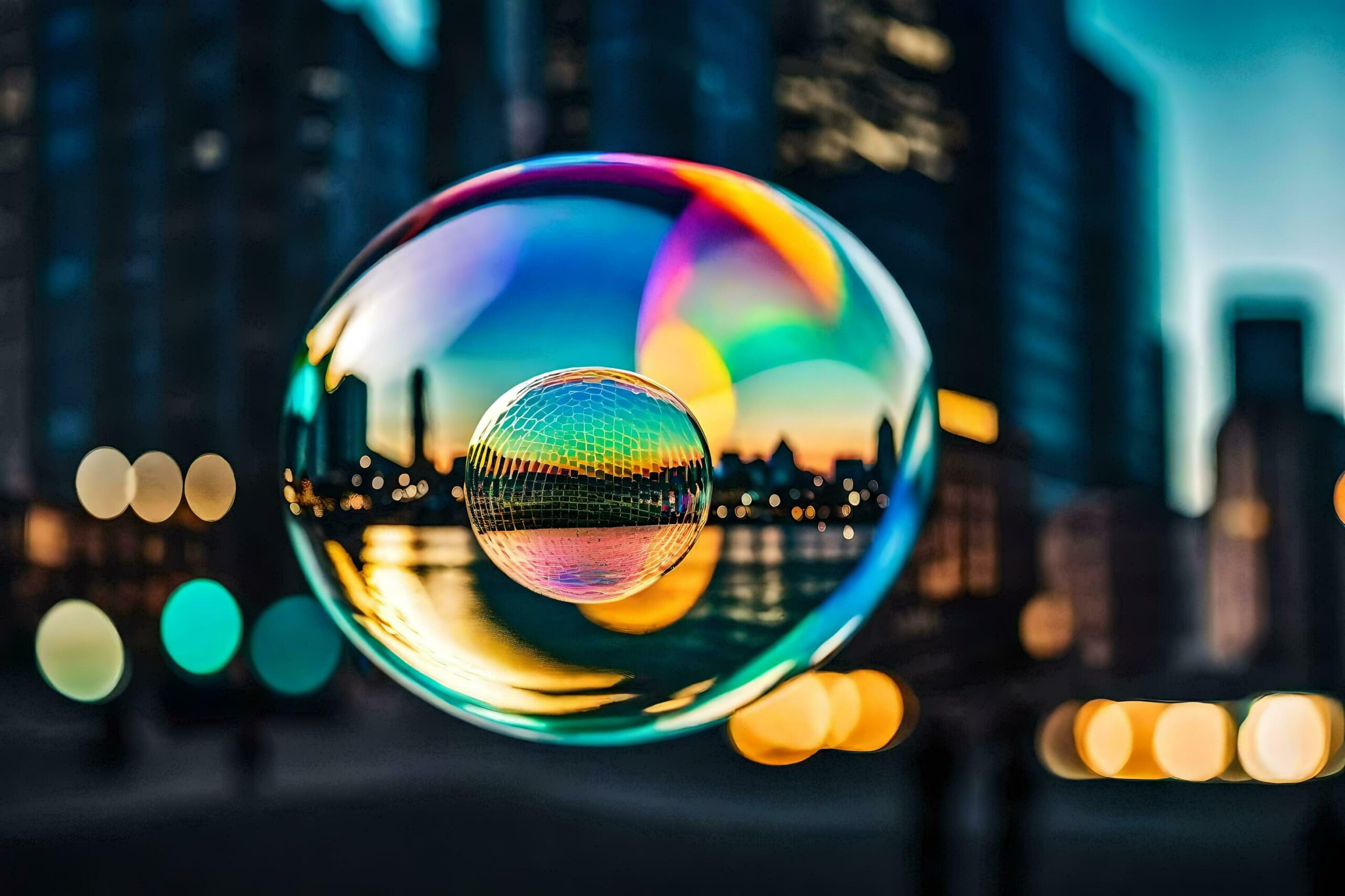 Ai-generated-a-colorful-bubble-with-a-city-in-the-background-free-photo