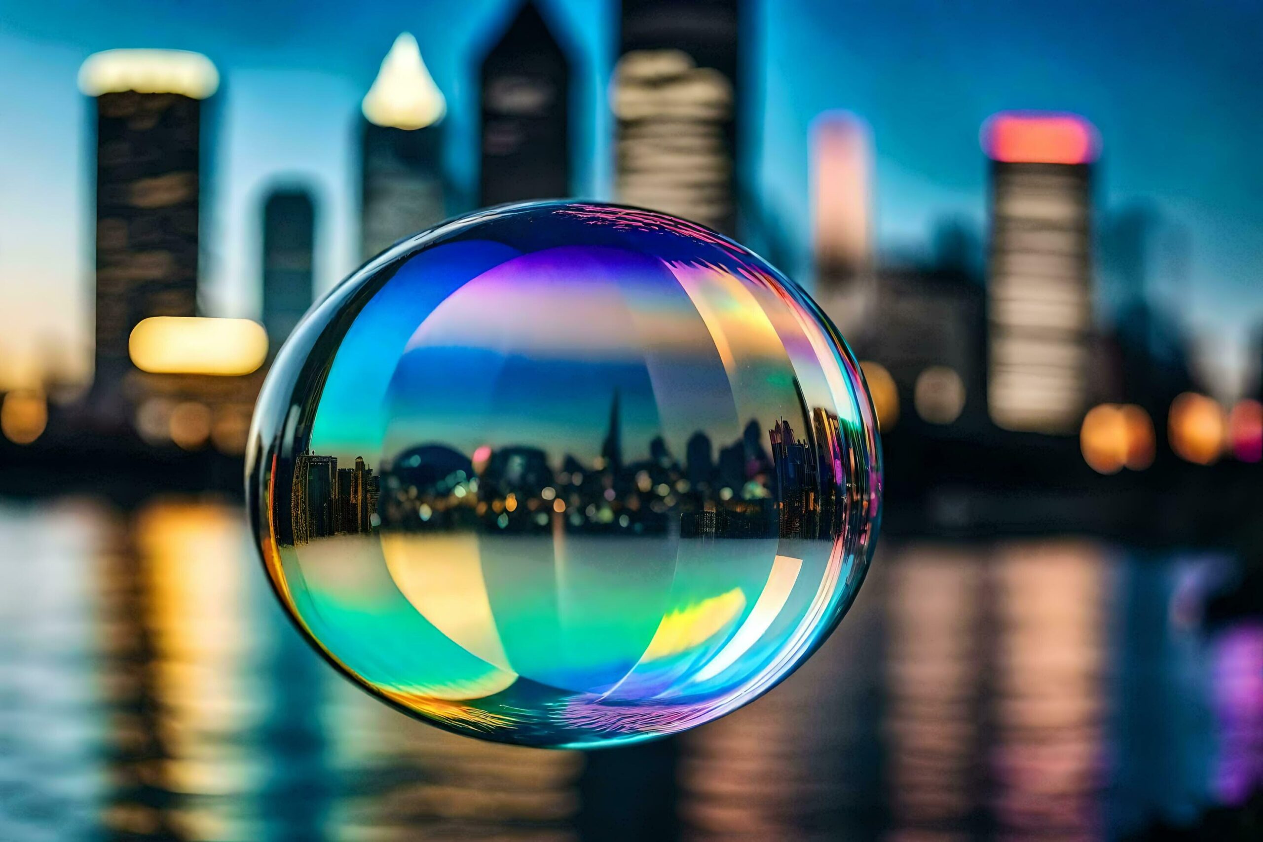 Ai-generated-a-colorful-bubble-with-a-city-skyline-in-the-background-free-photo