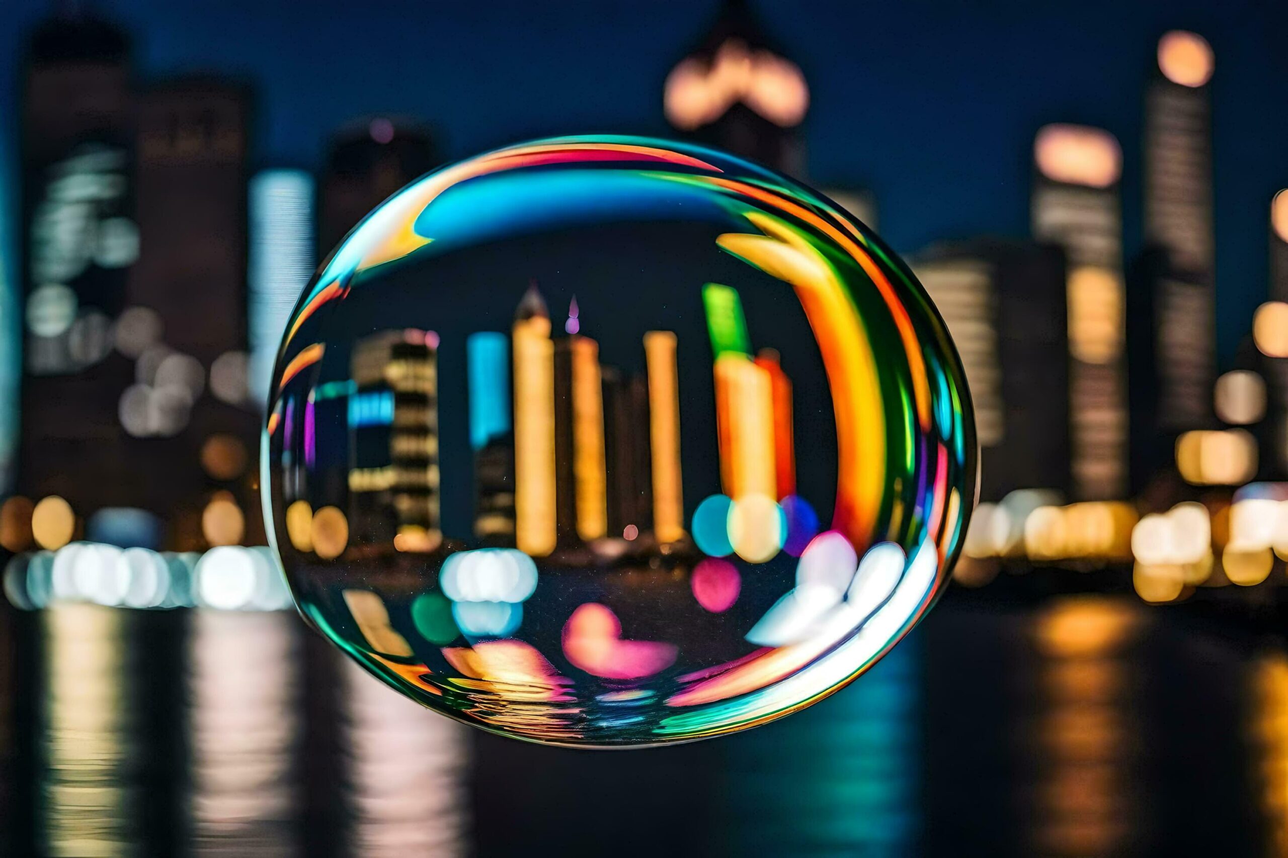 Ai-generated-a-colorful-bubble-with-city-lights-in-the-background-free-photo