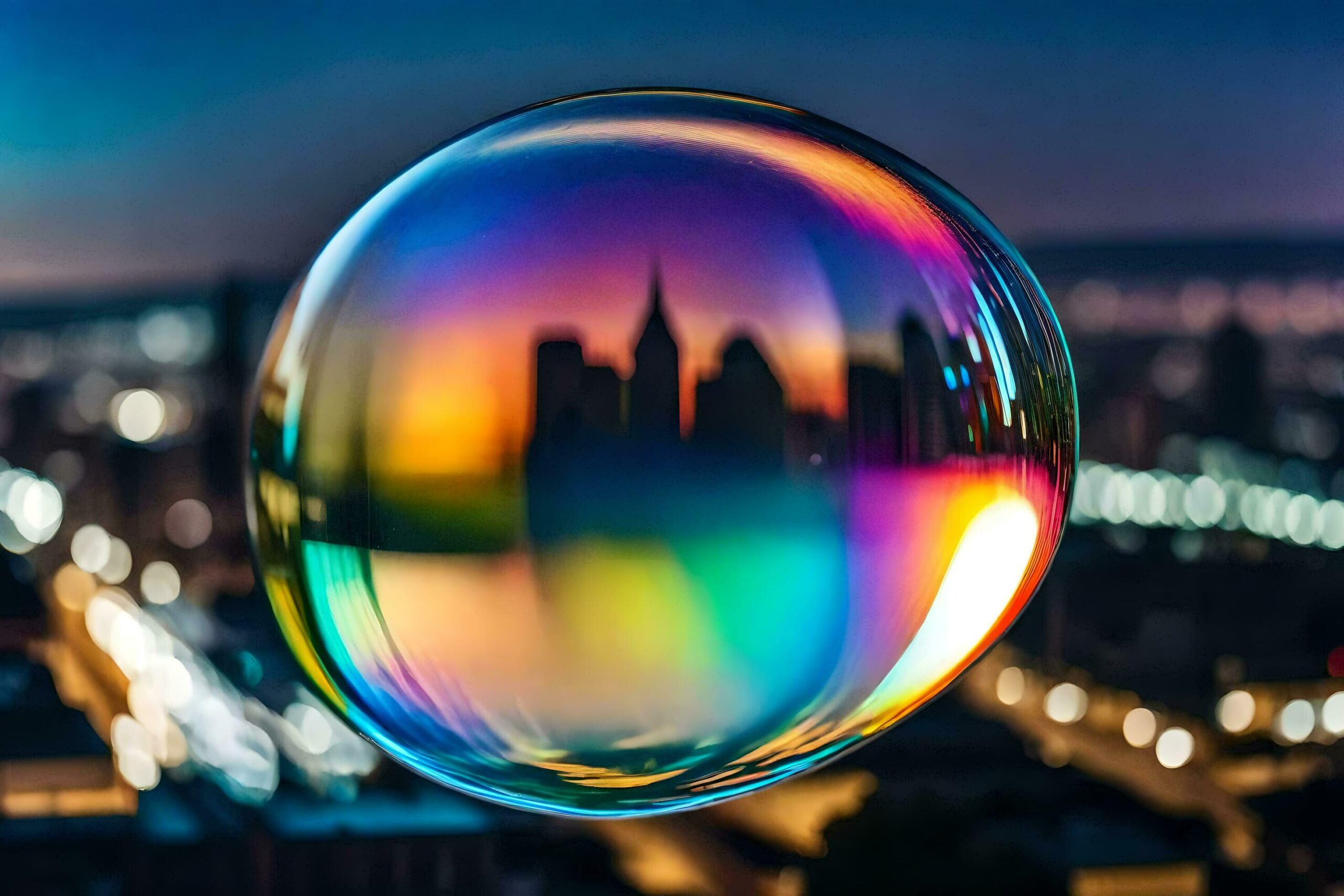 Ai-generated-a-colorful-soap-bubble-with-a-city-in-the-background-free-photo
