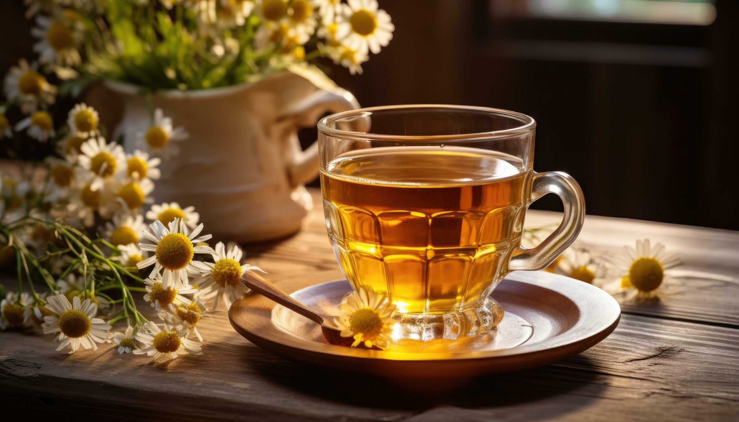 Ai-generated-a-cup-of-chamomile-tea-is-sitting-on-a-wooden-table-free-photo