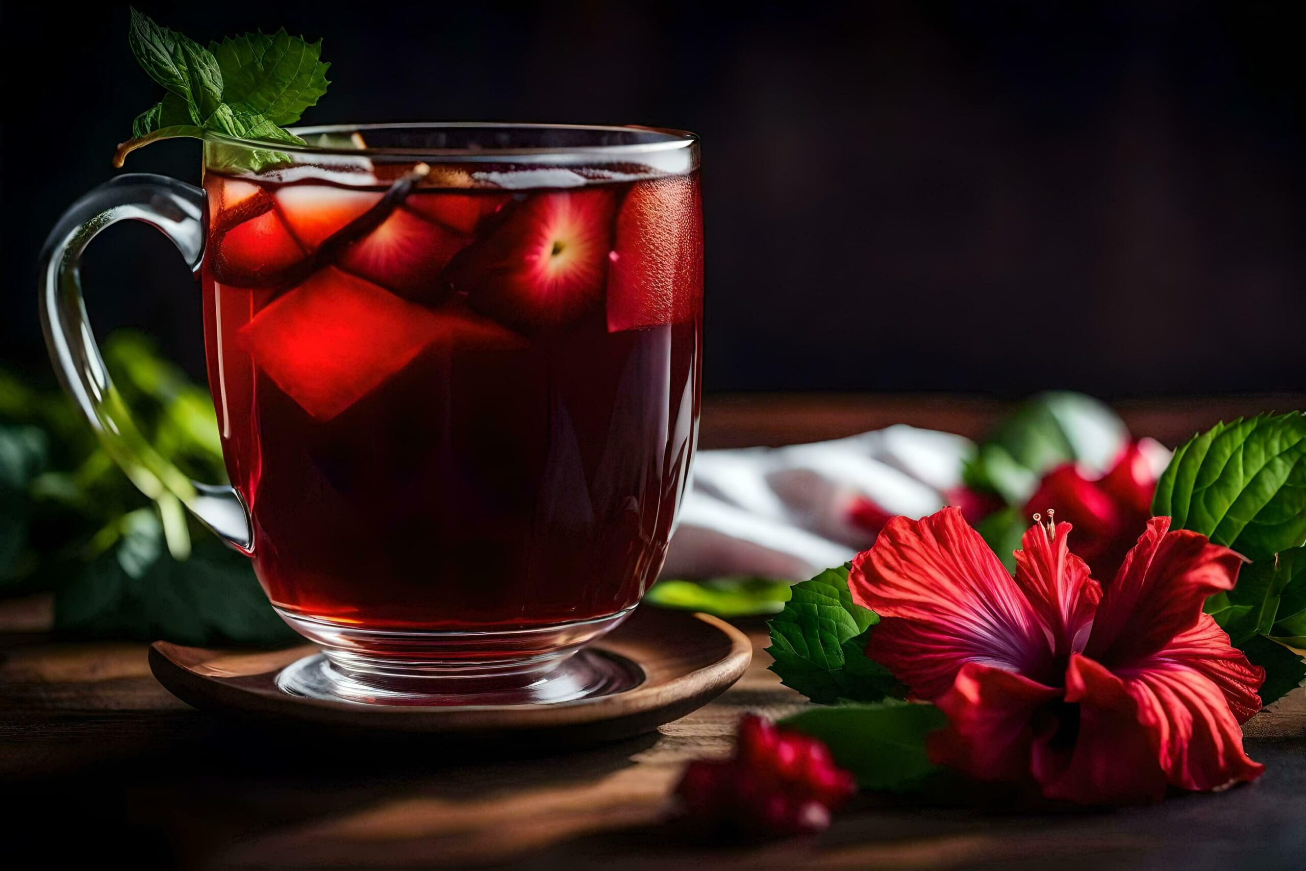 Ai-generated-a-cup-of-tea-with-hibiscus-flowers-and-leaves-free-photo
