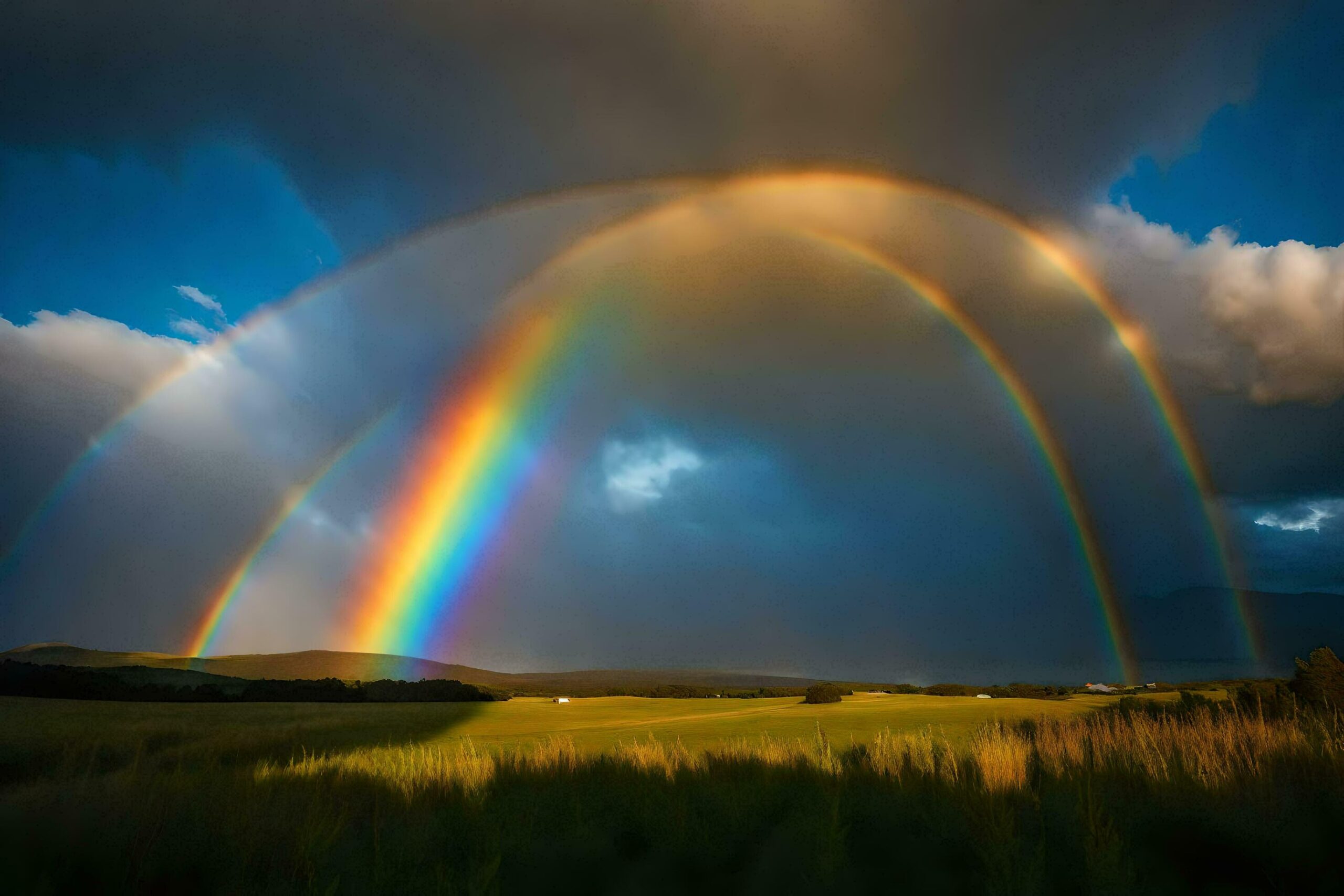Ai-generated-a-double-rainbow-over-a-field-with-grass-and-mountains-free-photo
