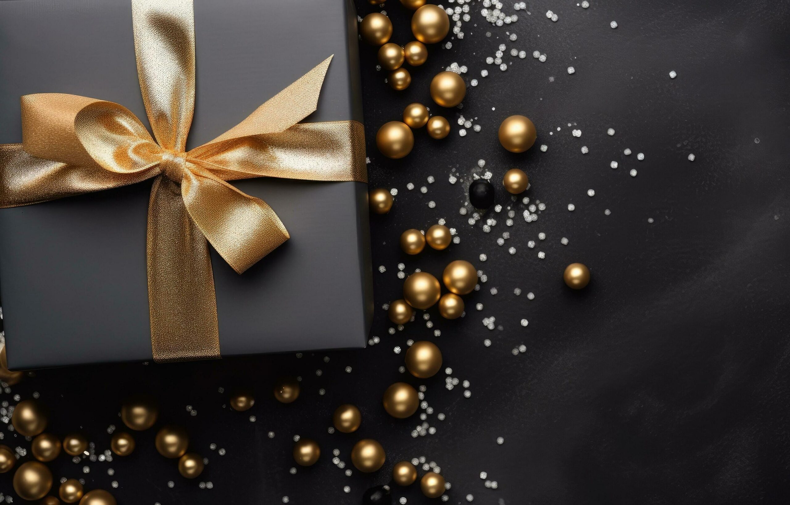 Ai-generated-a-gift-box-with-gold-balls-and-ribbon-on-a-festive-background-free-photo