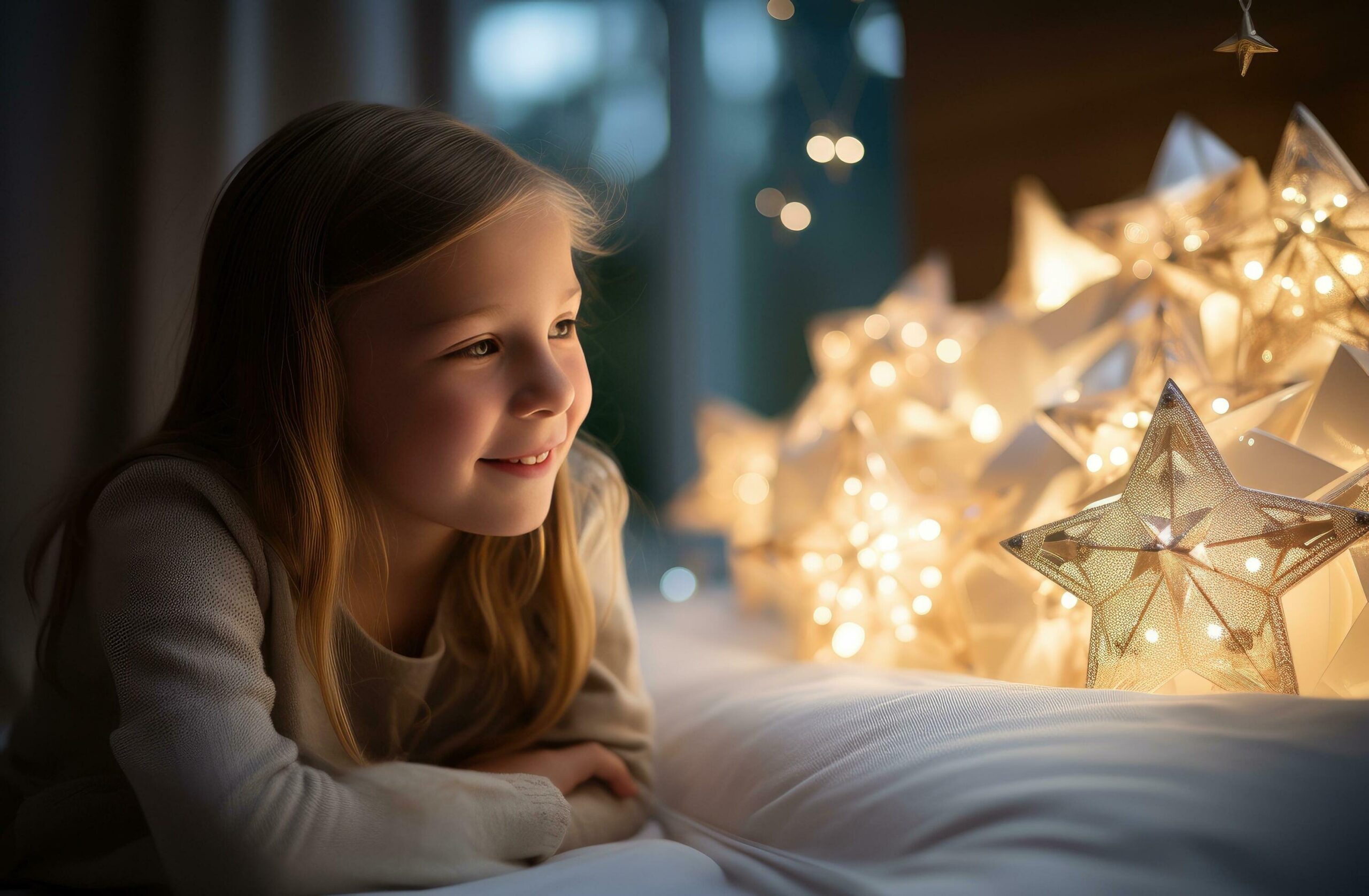 Ai-generated-a-girl-lying-on-a-bed-with-an-animated-star-free-photo