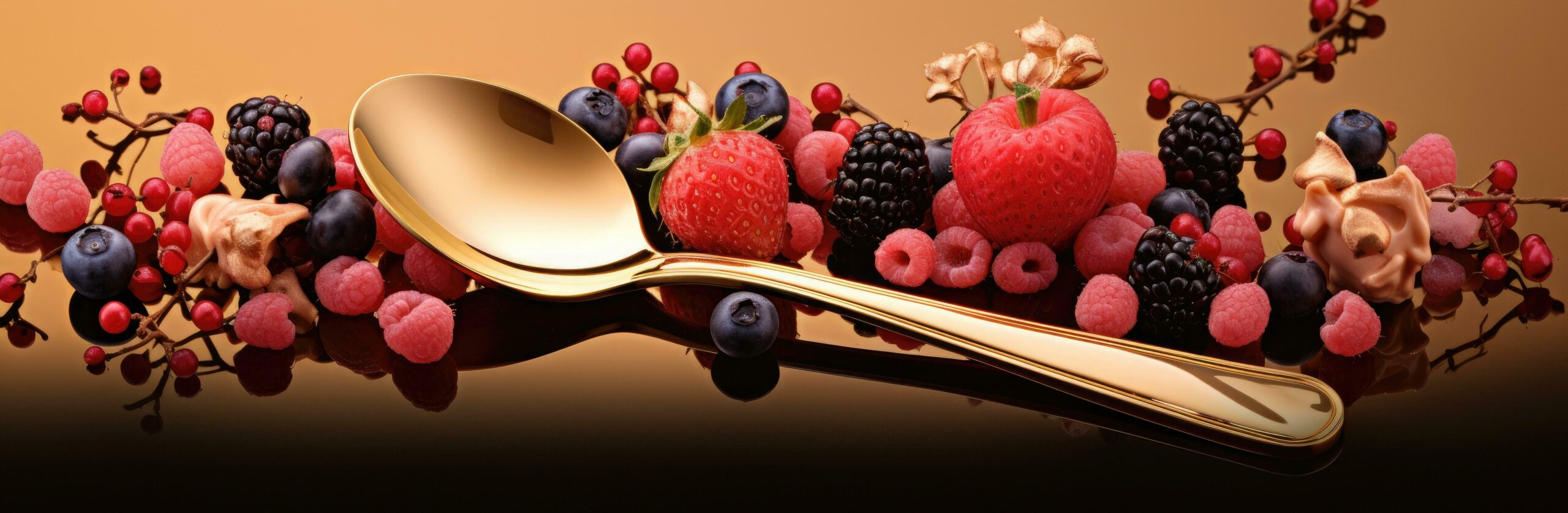 Ai-generated-a-gold-ice-cream-spoon-filled-with-sweets-and-berries-free-photo