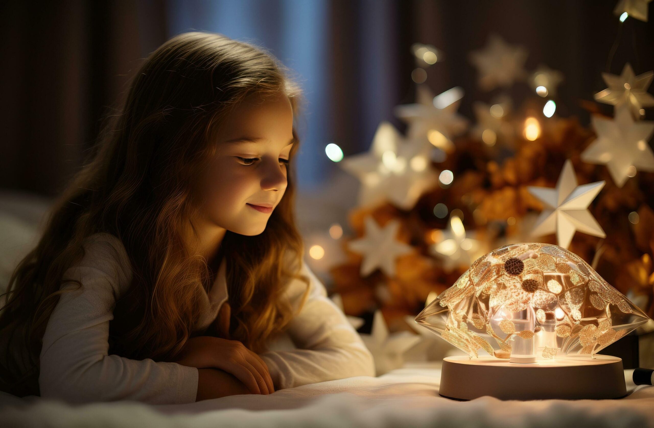 Ai-generated-a-little-girl-asleep-in-bed-with-a-star-projector-star-free-photo