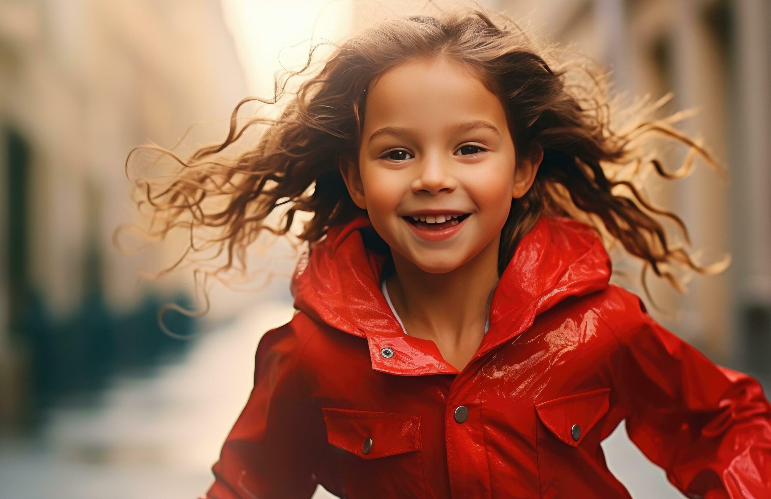 Ai-generated-a-little-girl-running-in-a-red-raincoat-splashing-water-free-photo