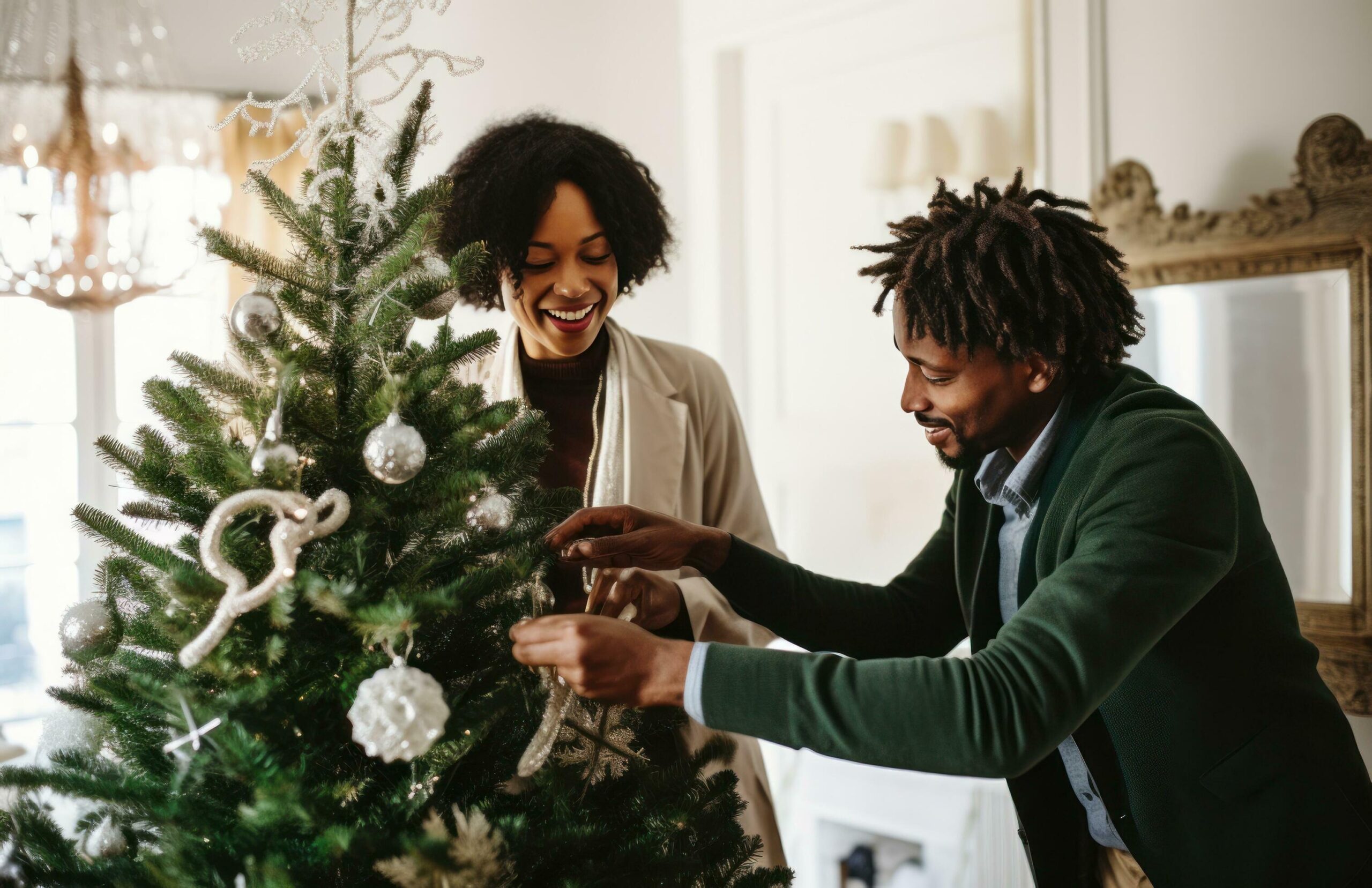 Ai-generated-a-man-and-woman-decorate-the-christmas-tree-free-photo