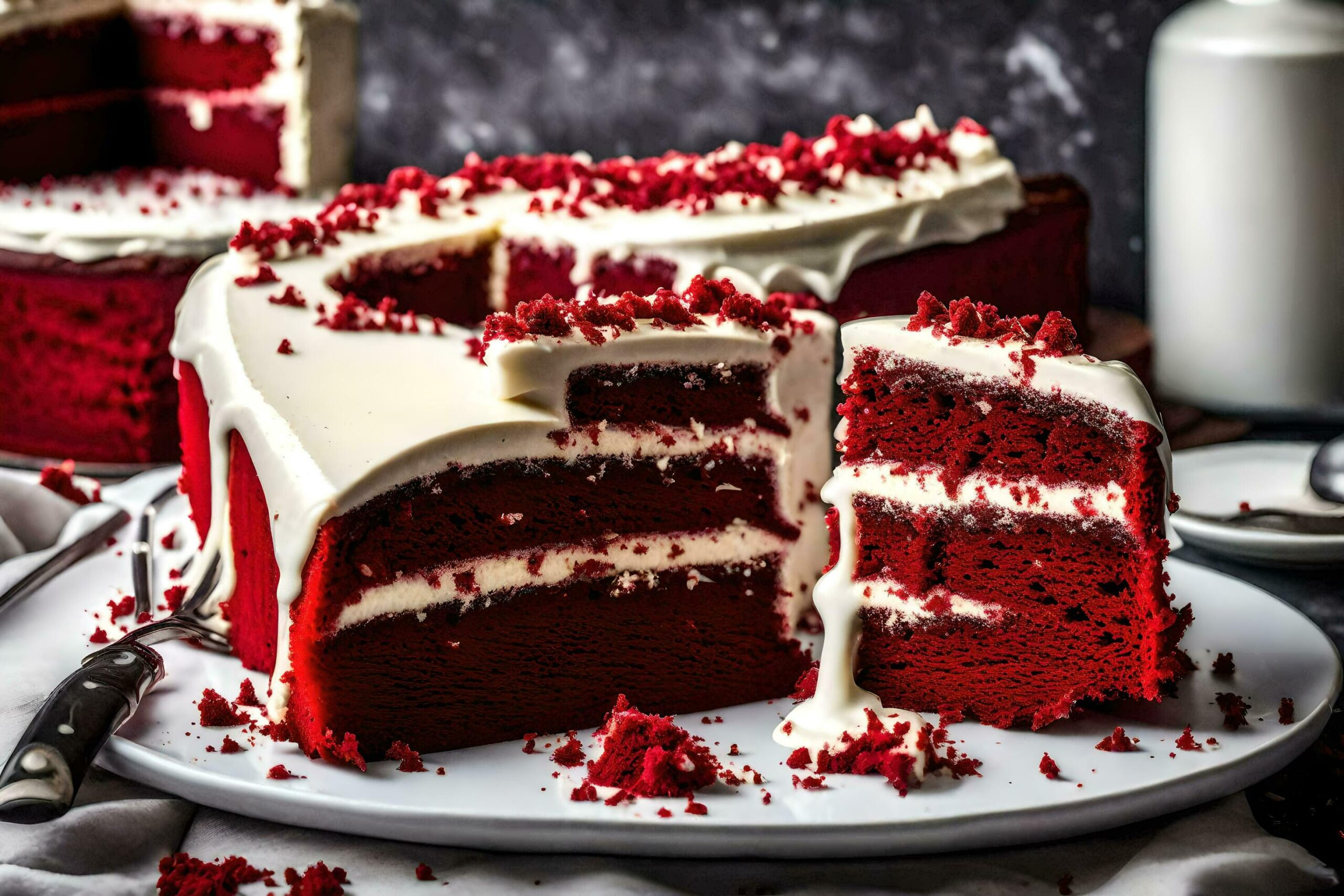 Ai-generated-a-piece-of-red-velvet-cake-with-a-slice-taken-out-free-photo