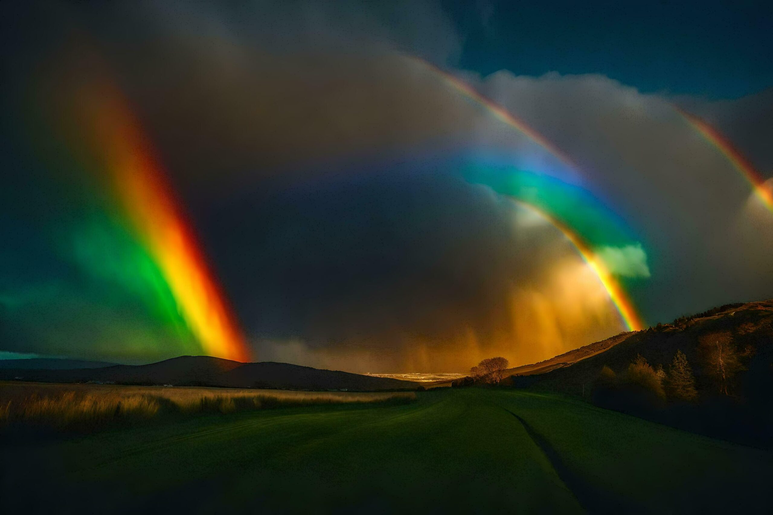 Ai-generated-a-rainbow-appears-over-a-field-with-a-dark-sky-free-photo
