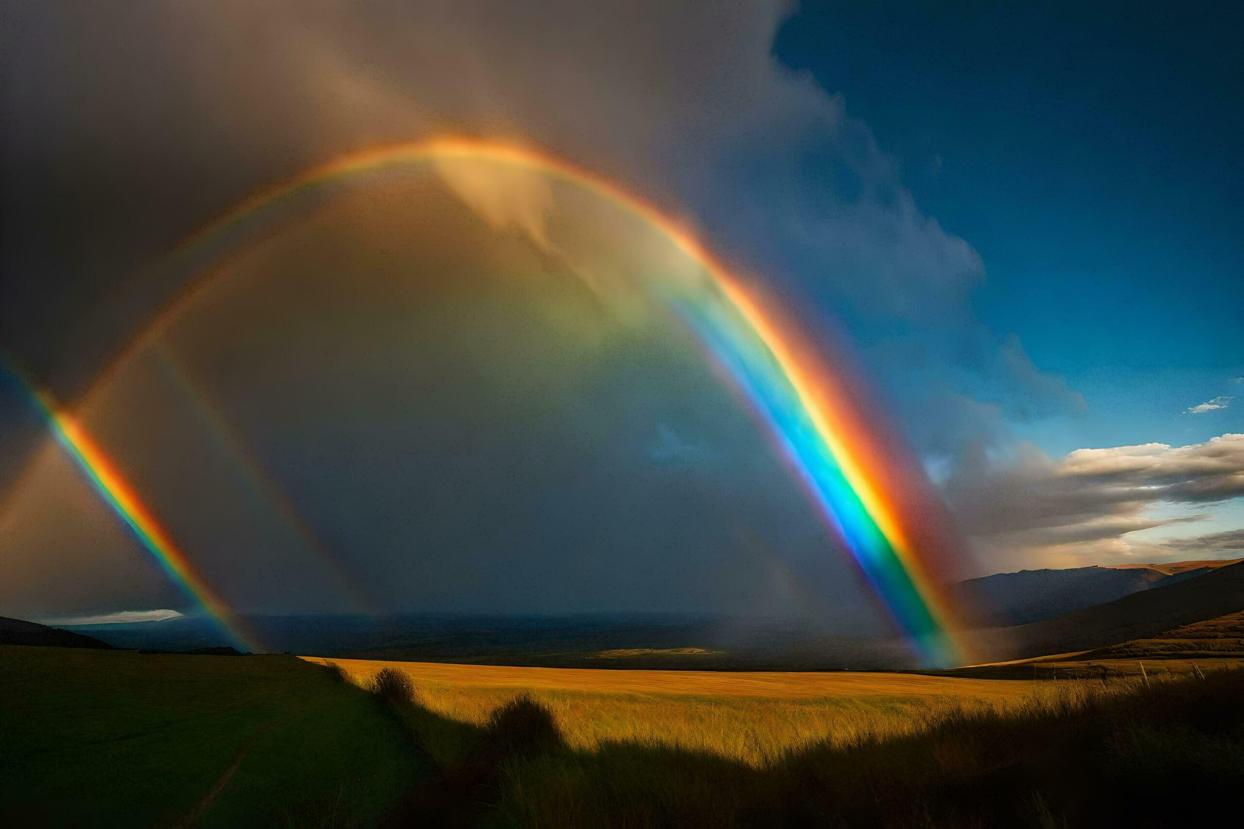Ai-generated-a-rainbow-appears-over-a-field-with-grass-and-hills-free-photo