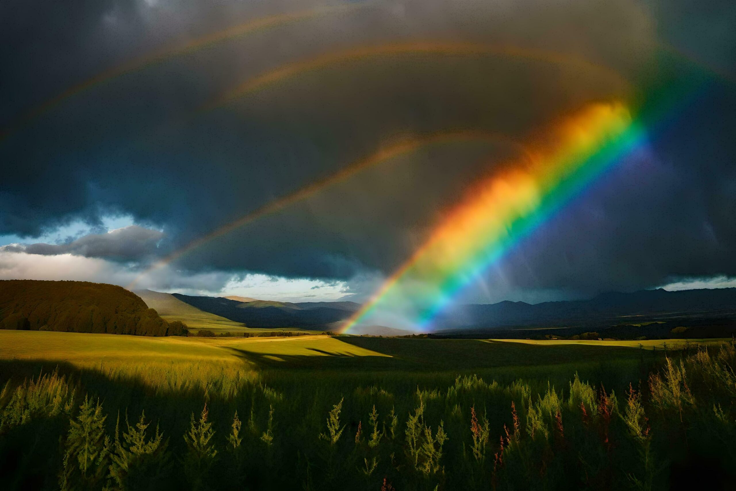 Ai-generated-a-rainbow-appears-over-a-field-with-mountains-in-the-background-free-photo