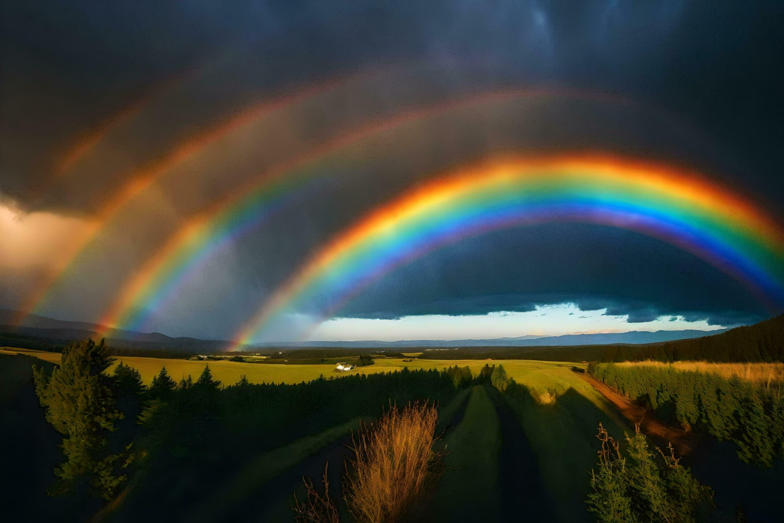 Ai-generated-a-rainbow-appears-over-a-field-with-trees-and-a-dark-sky-free-photo