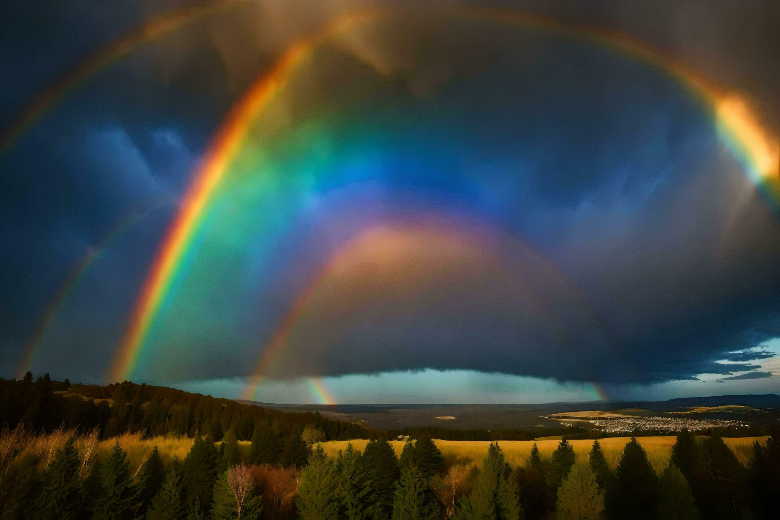 Ai-generated-a-rainbow-appears-over-a-field-with-trees-and-mountains-free-photo