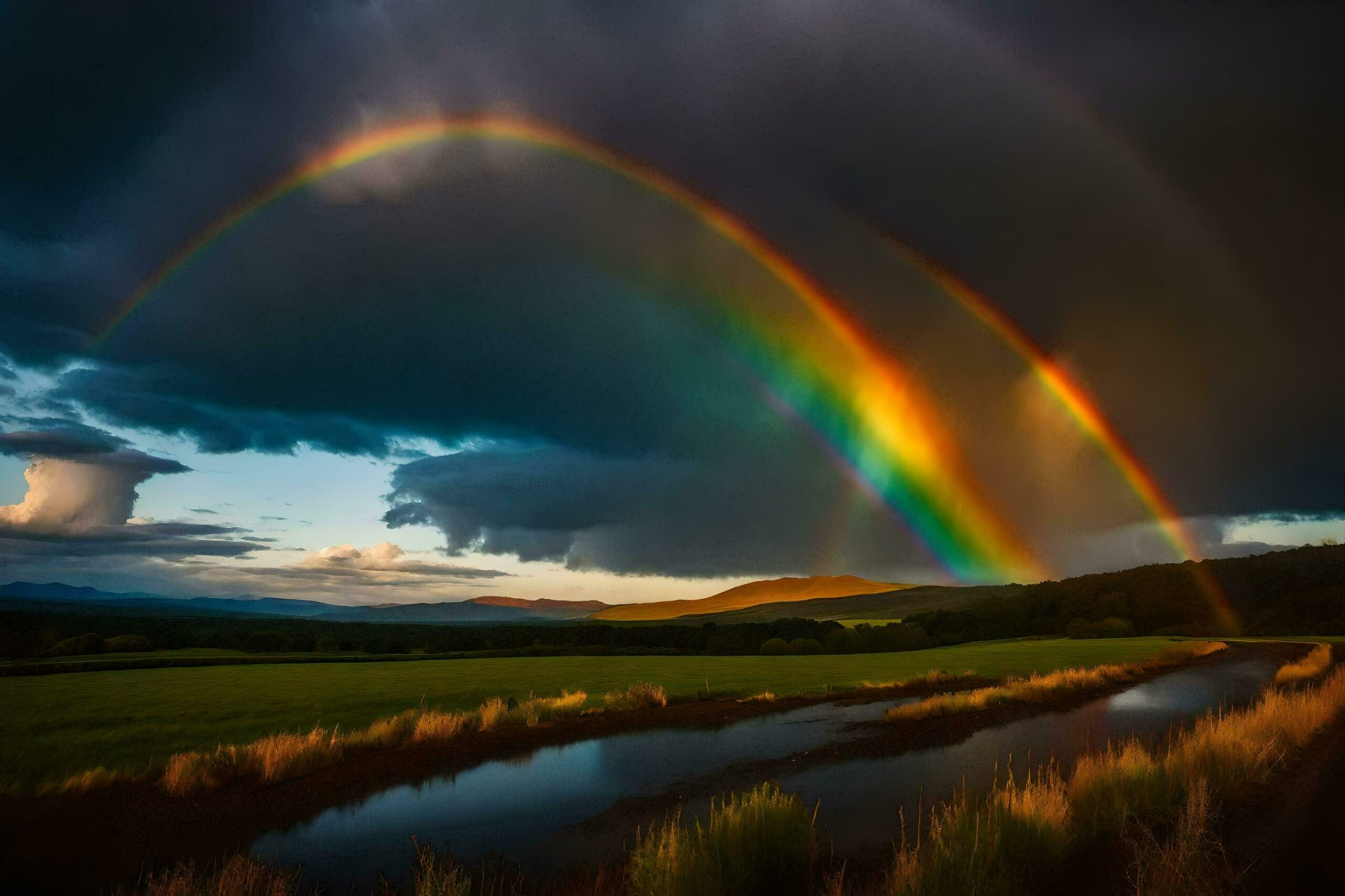 Ai-generated-a-rainbow-appears-over-a-field-with-water-and-grass-free-photo