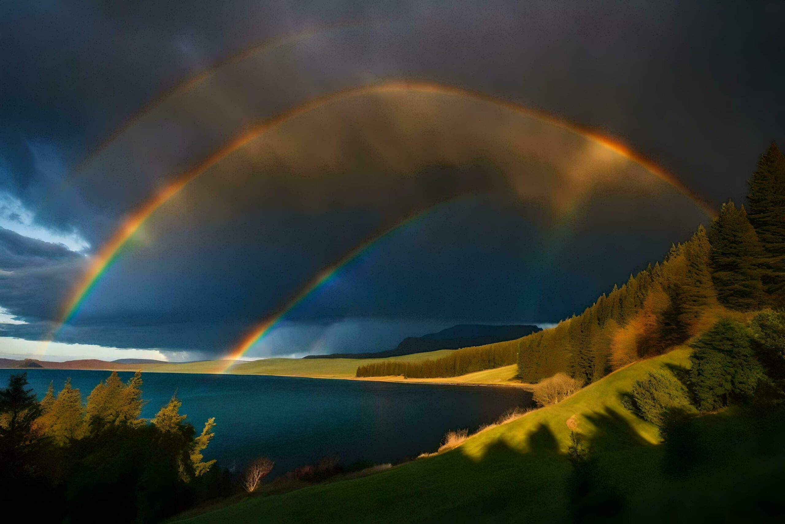 Ai-generated-a-rainbow-appears-over-a-lake-and-forest-free-photo