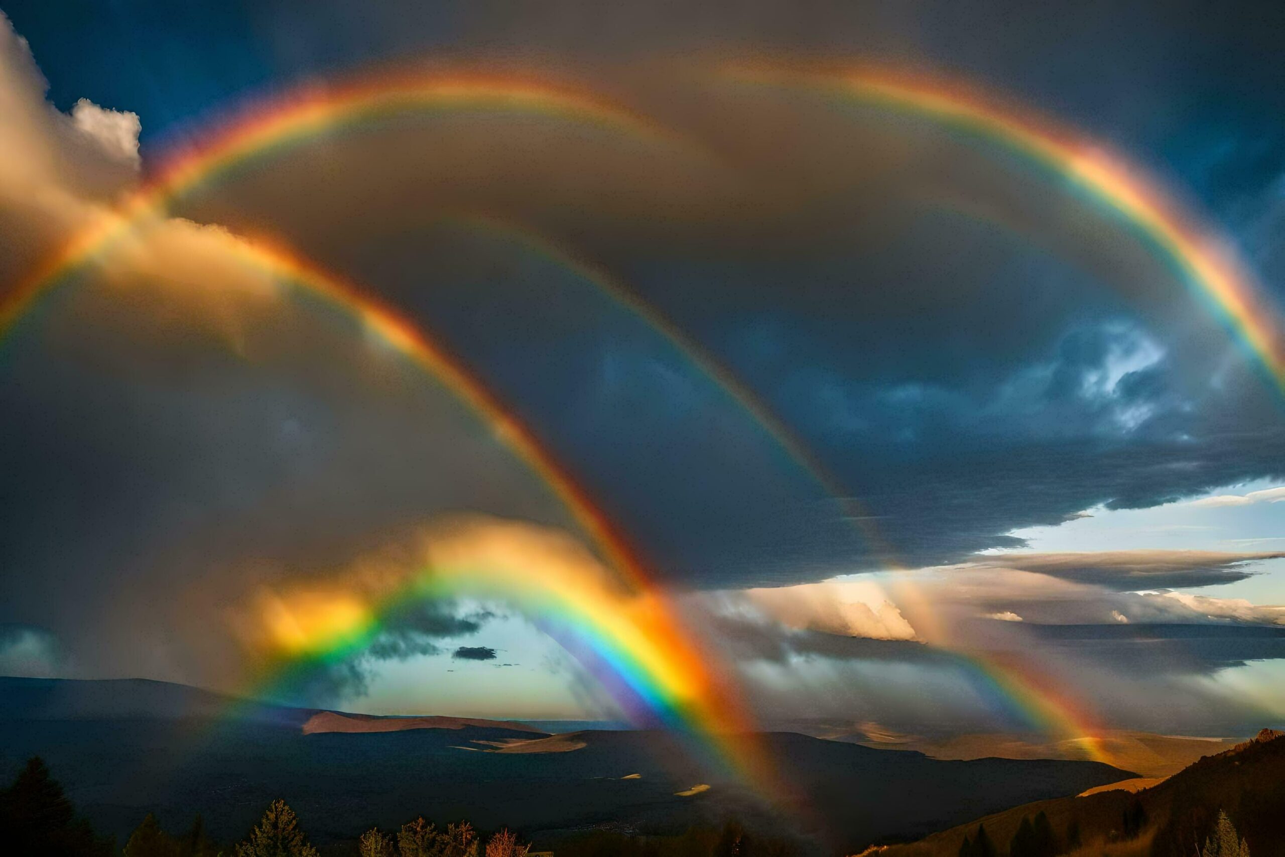 Ai-generated-a-rainbow-appears-over-a-mountain-range-with-clouds-free-photo
