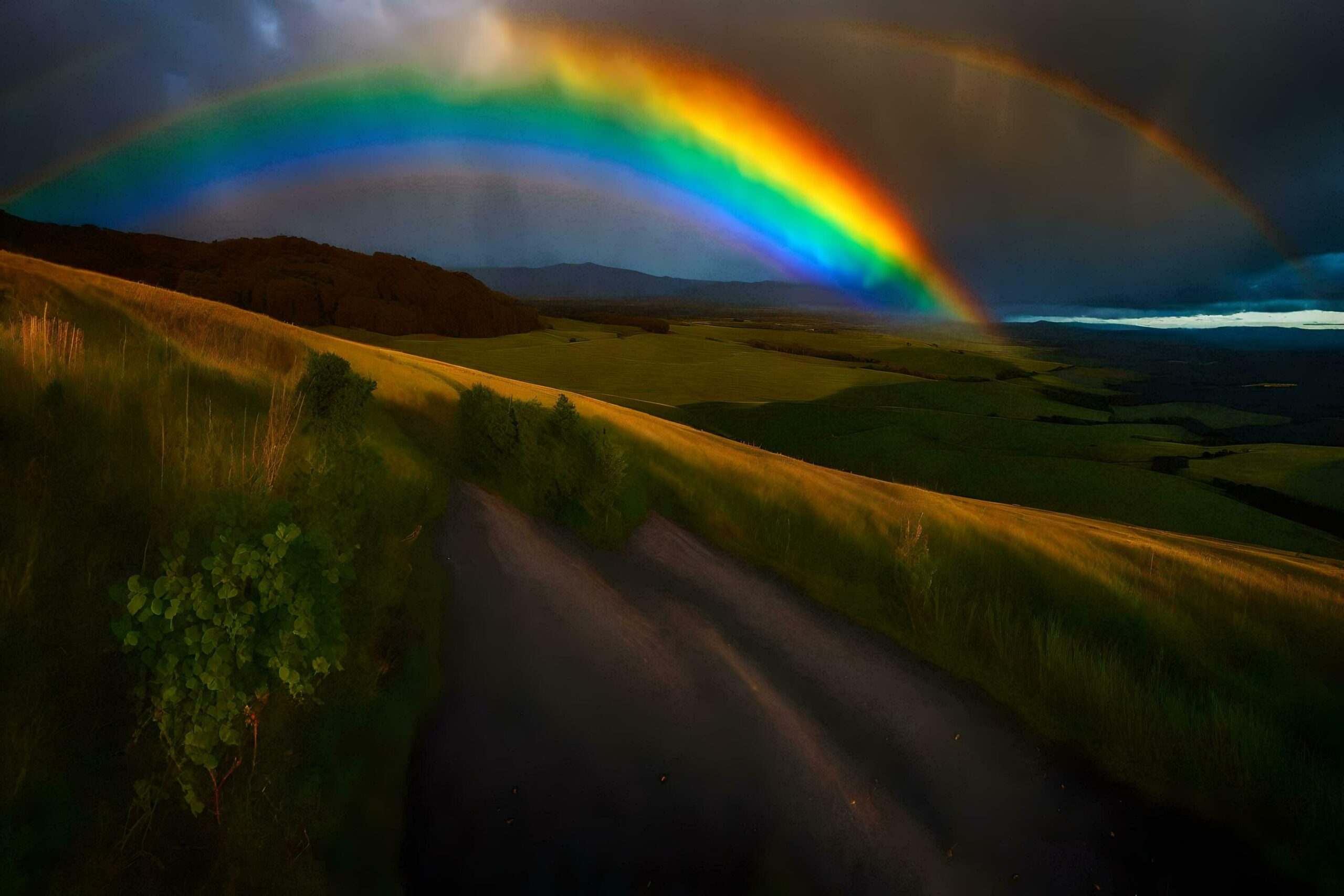 Ai-generated-a-rainbow-is-seen-over-a-field-with-grass-and-hills-free-photo