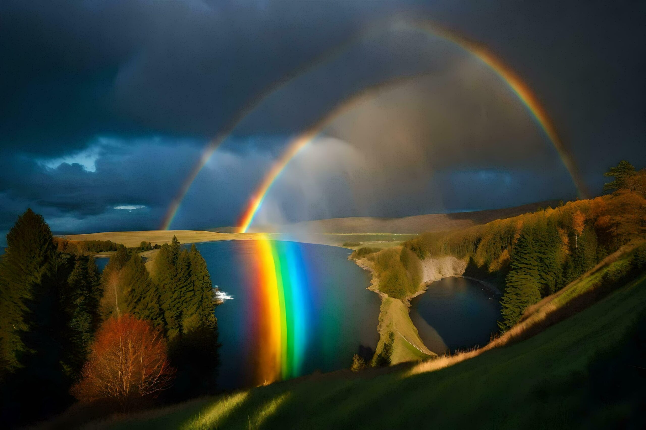 Ai-generated-a-rainbow-is-seen-over-a-lake-and-forest-free-photo