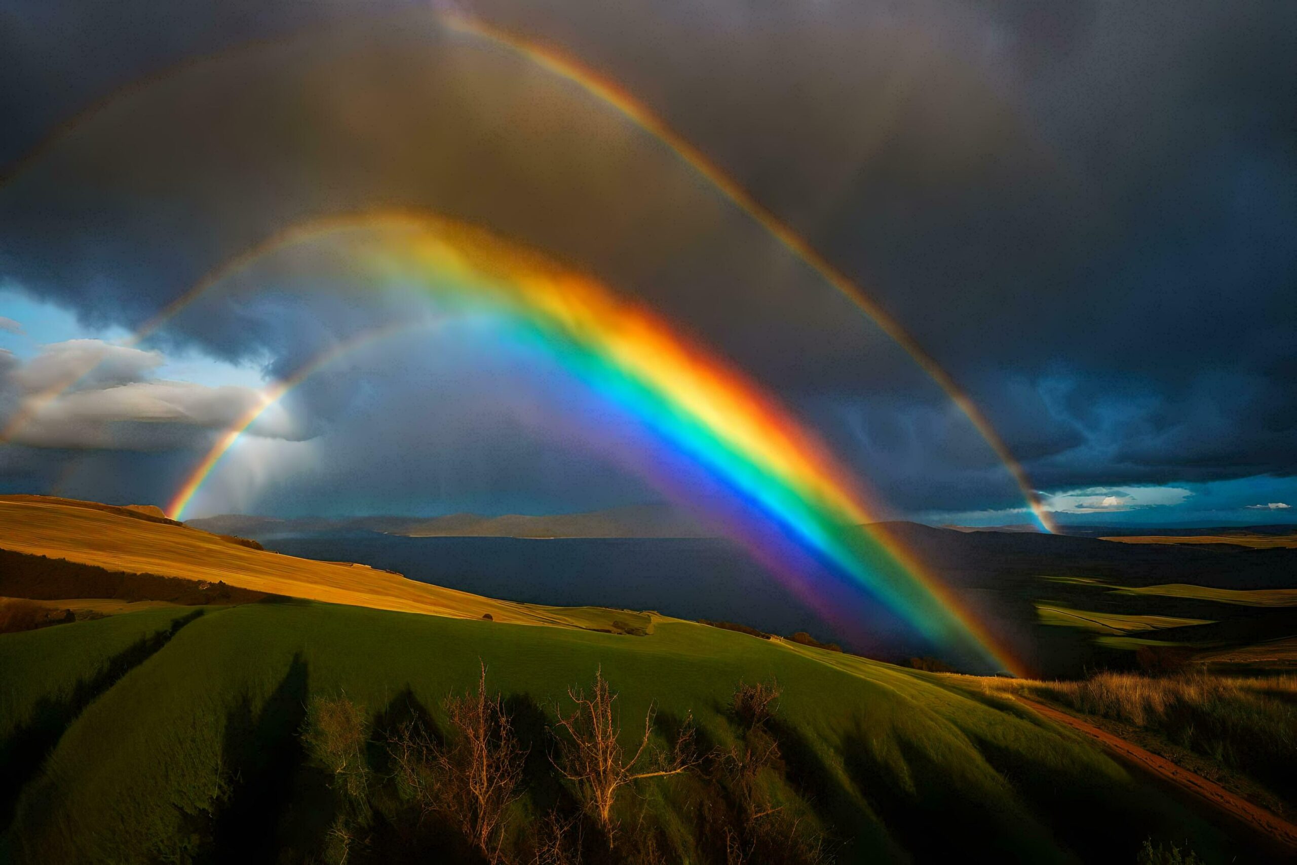 Ai-generated-a-rainbow-over-a-field-with-a-dark-sky-free-photo