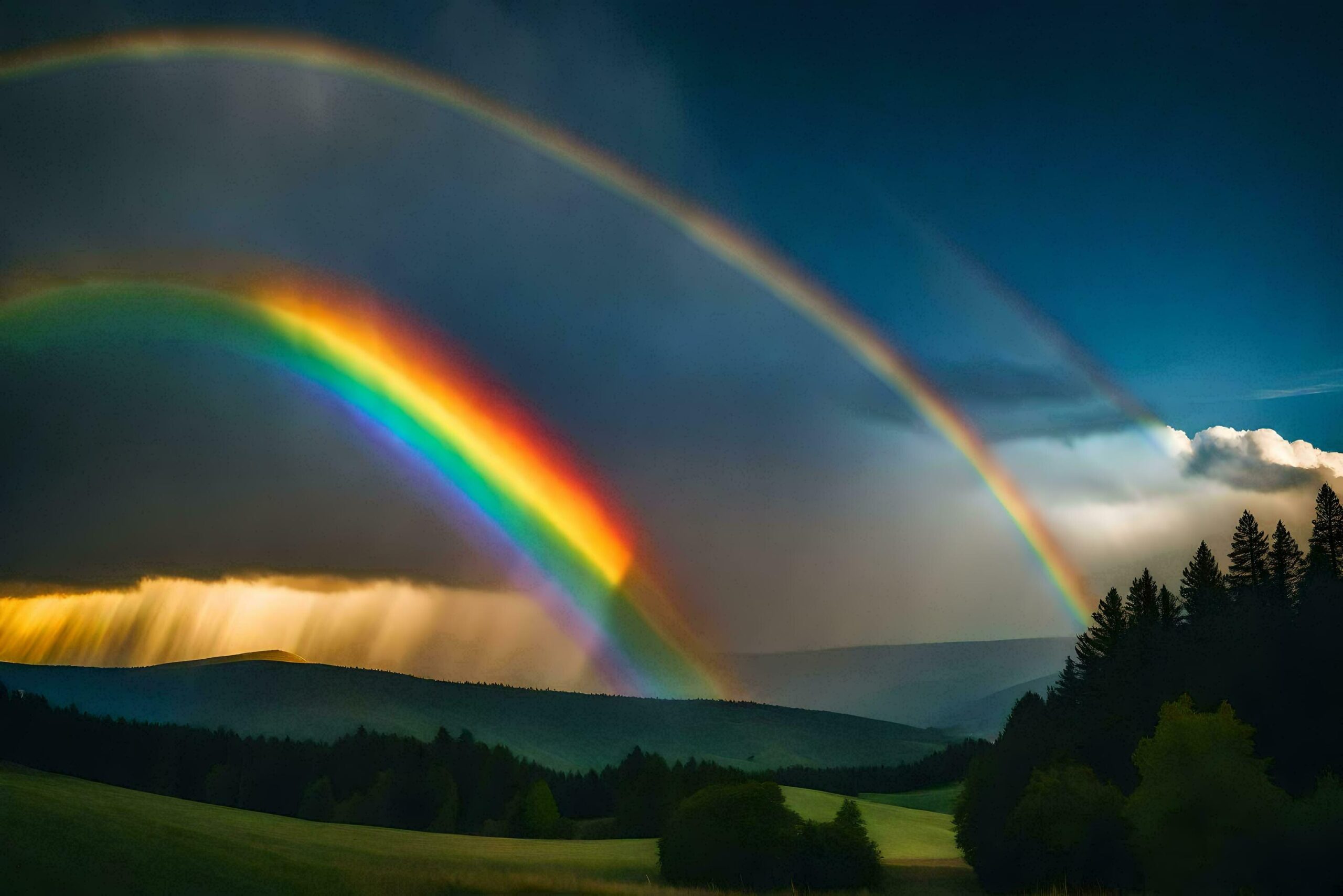 Ai-generated-a-rainbow-over-a-field-with-trees-and-mountains-free-photo