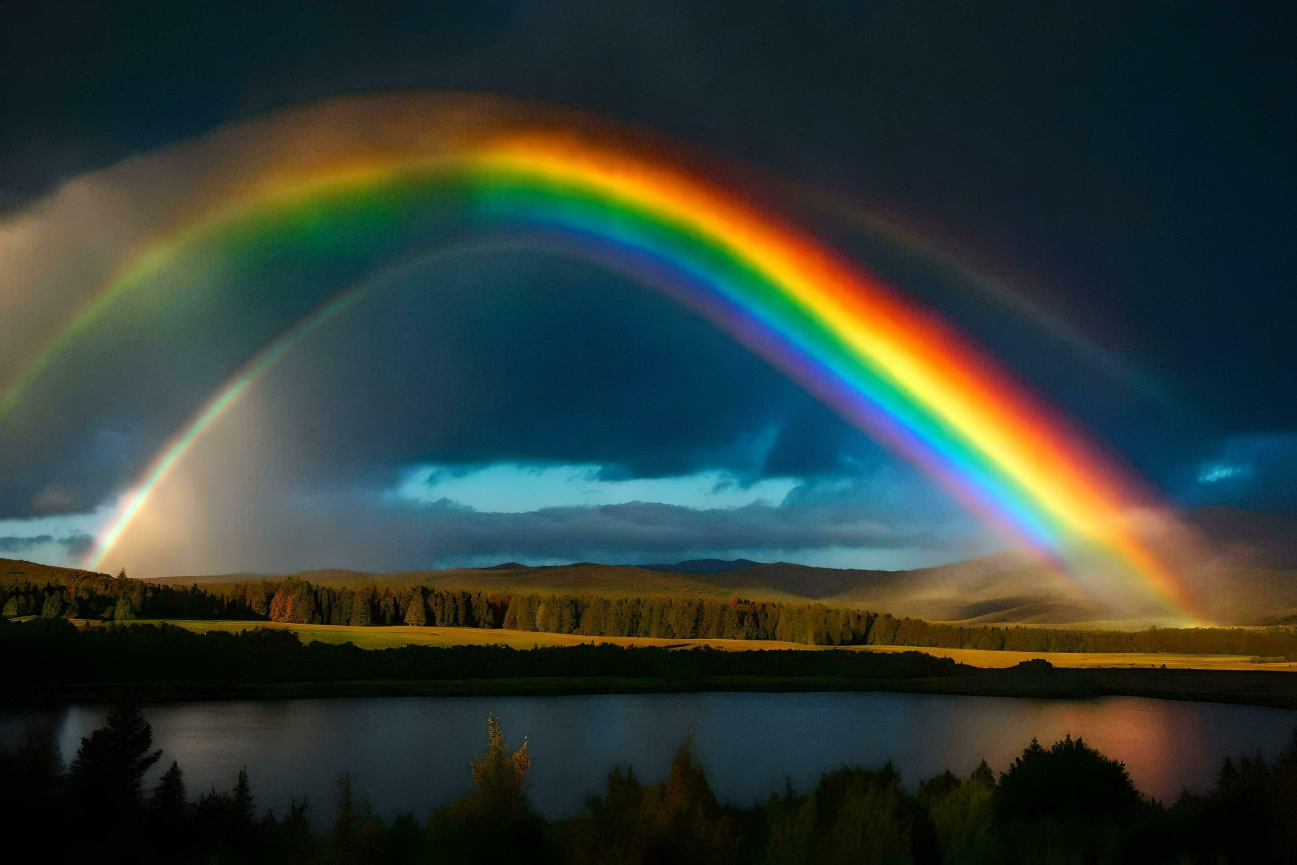 Ai-generated-a-rainbow-over-a-lake-and-mountains-free-photo