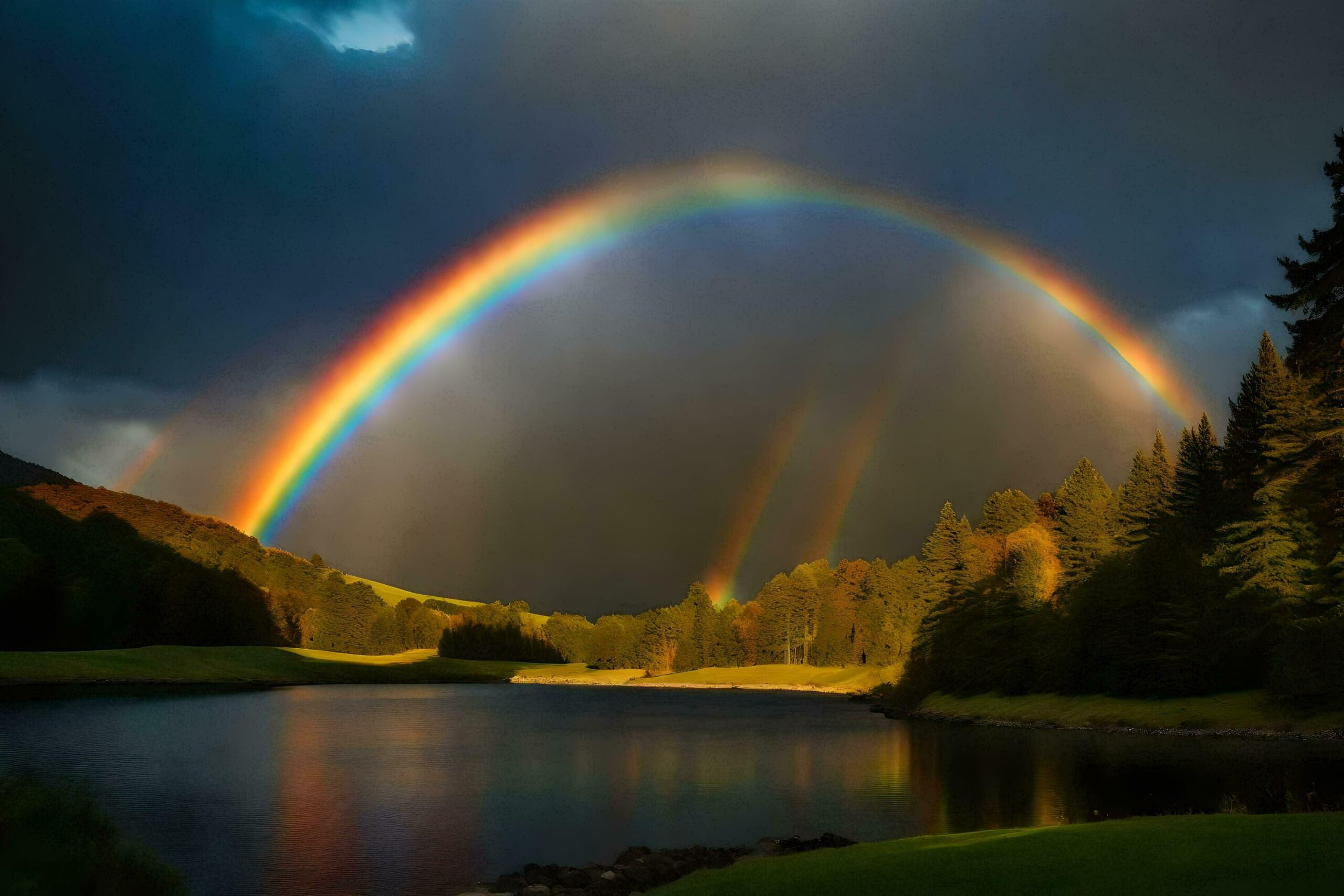 Ai-generated-a-rainbow-over-a-lake-in-the-forest-free-photo