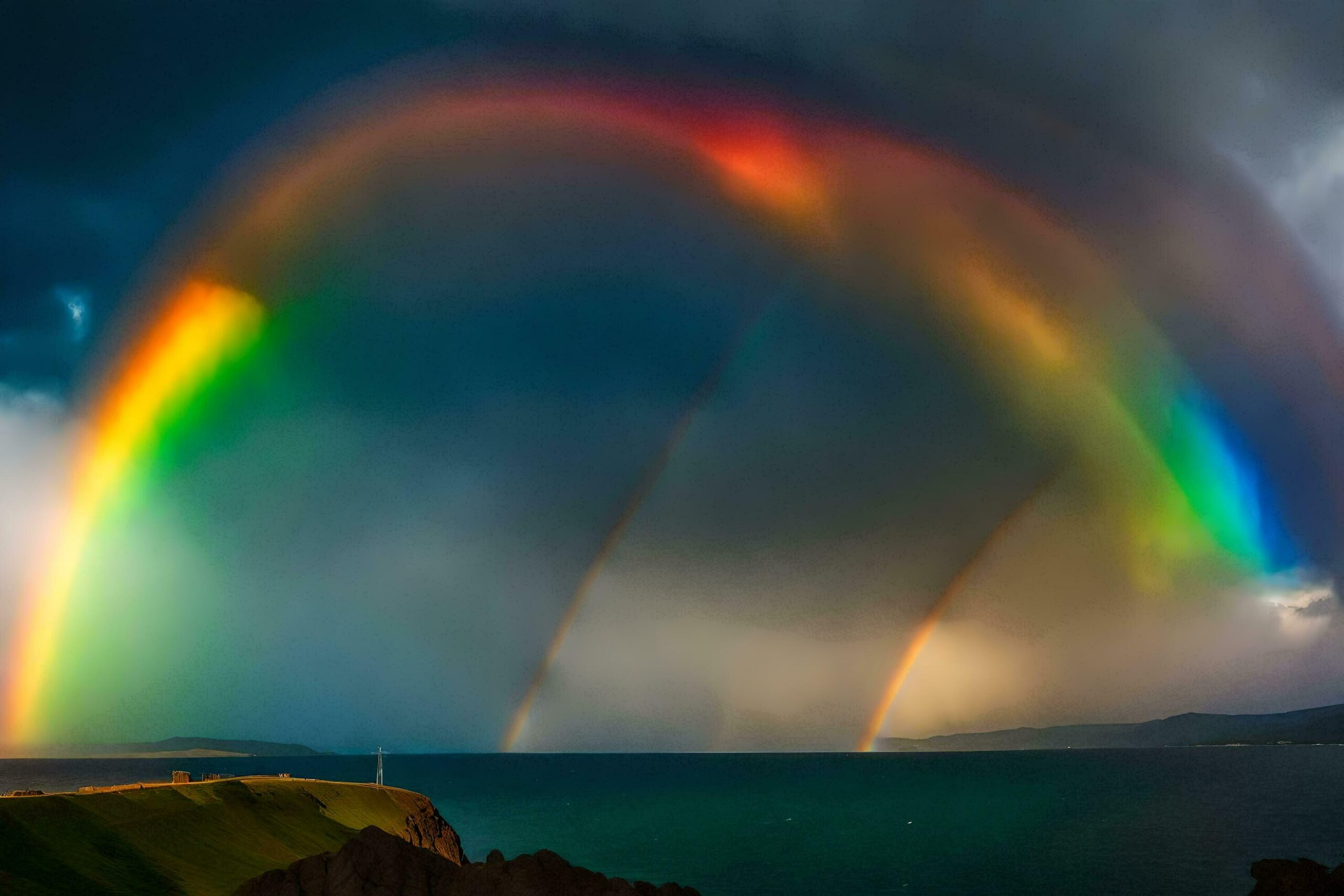 Ai-generated-a-rainbow-over-the-ocean-and-a-cliff-free-photo