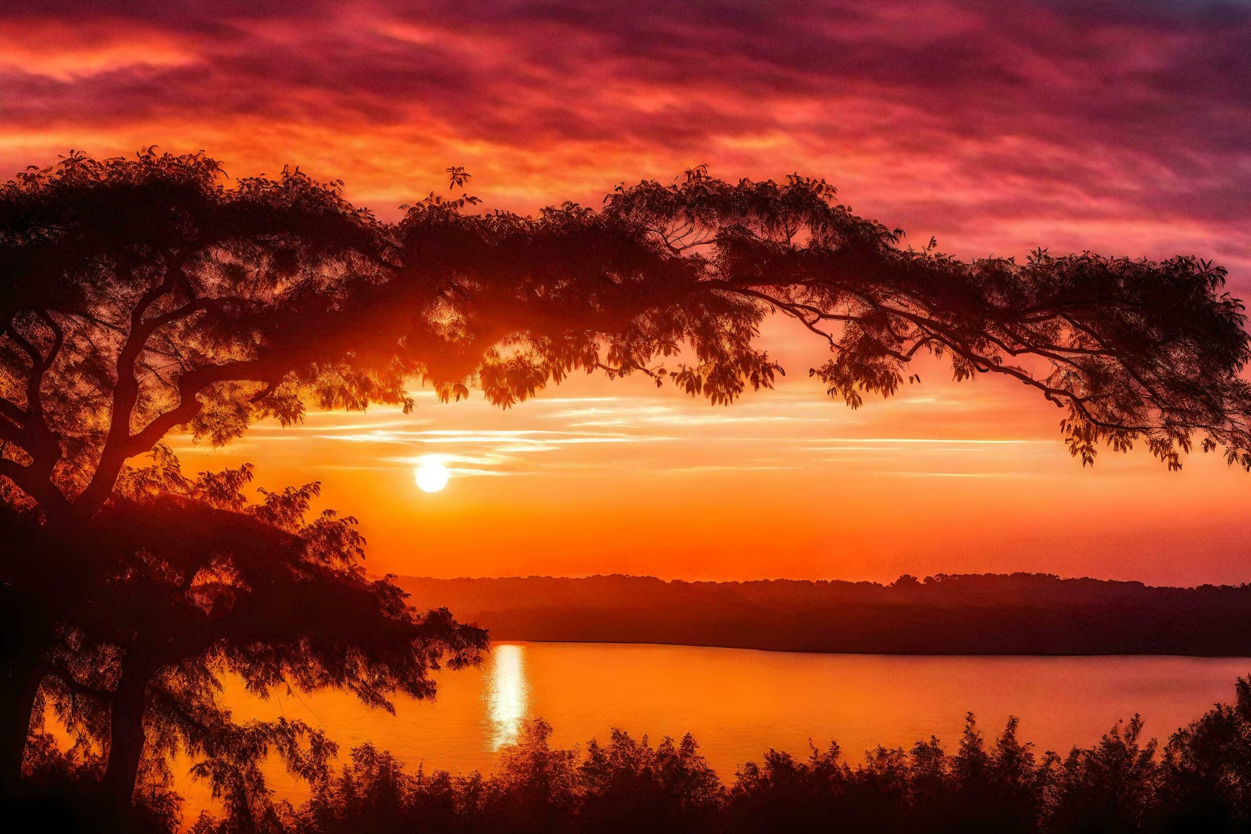 Ai-generated-a-red-sunset-over-a-lake-with-trees-in-the-foreground-free-photo