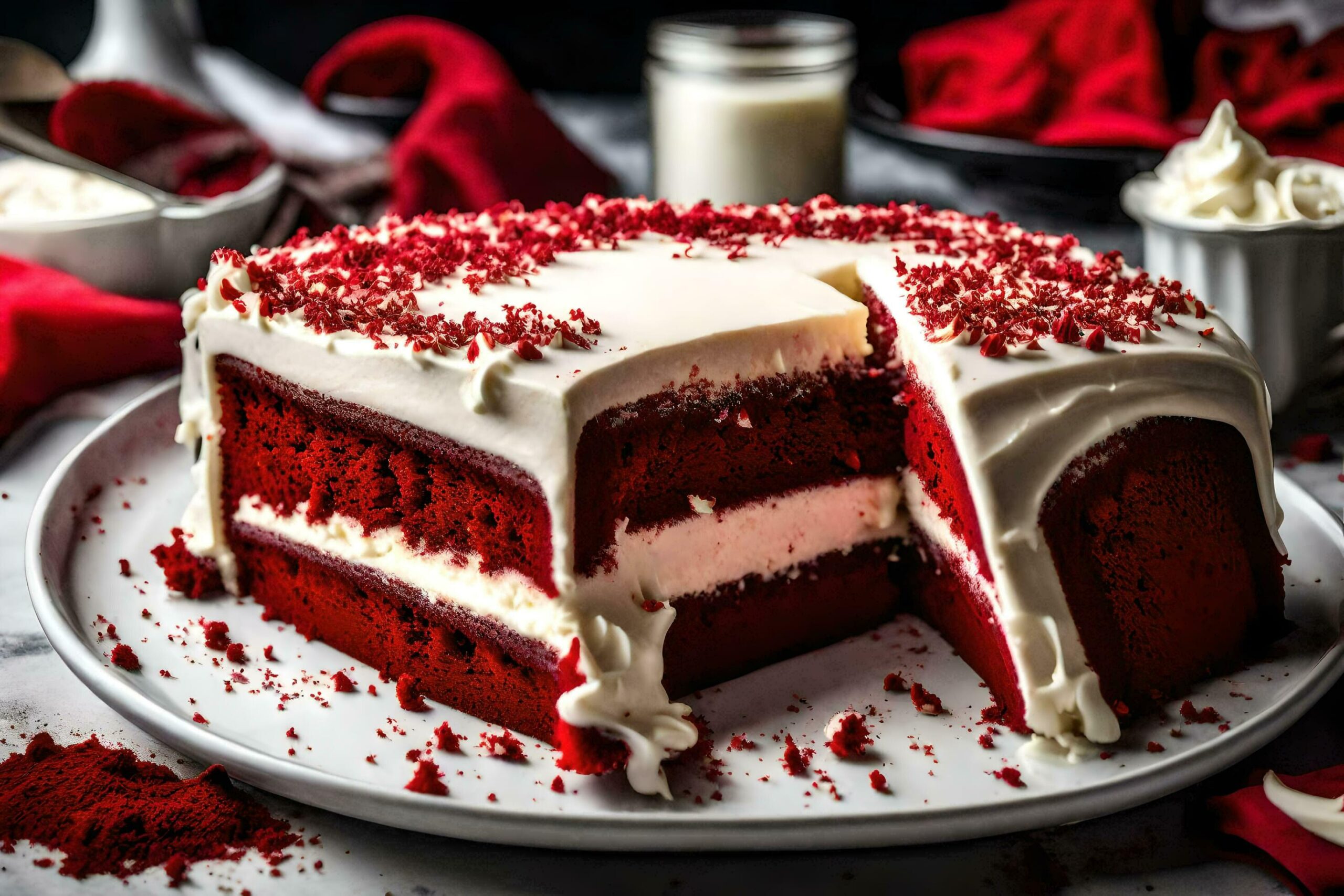 Ai-generated-a-red-velvet-cake-with-a-slice-taken-out-free-photo