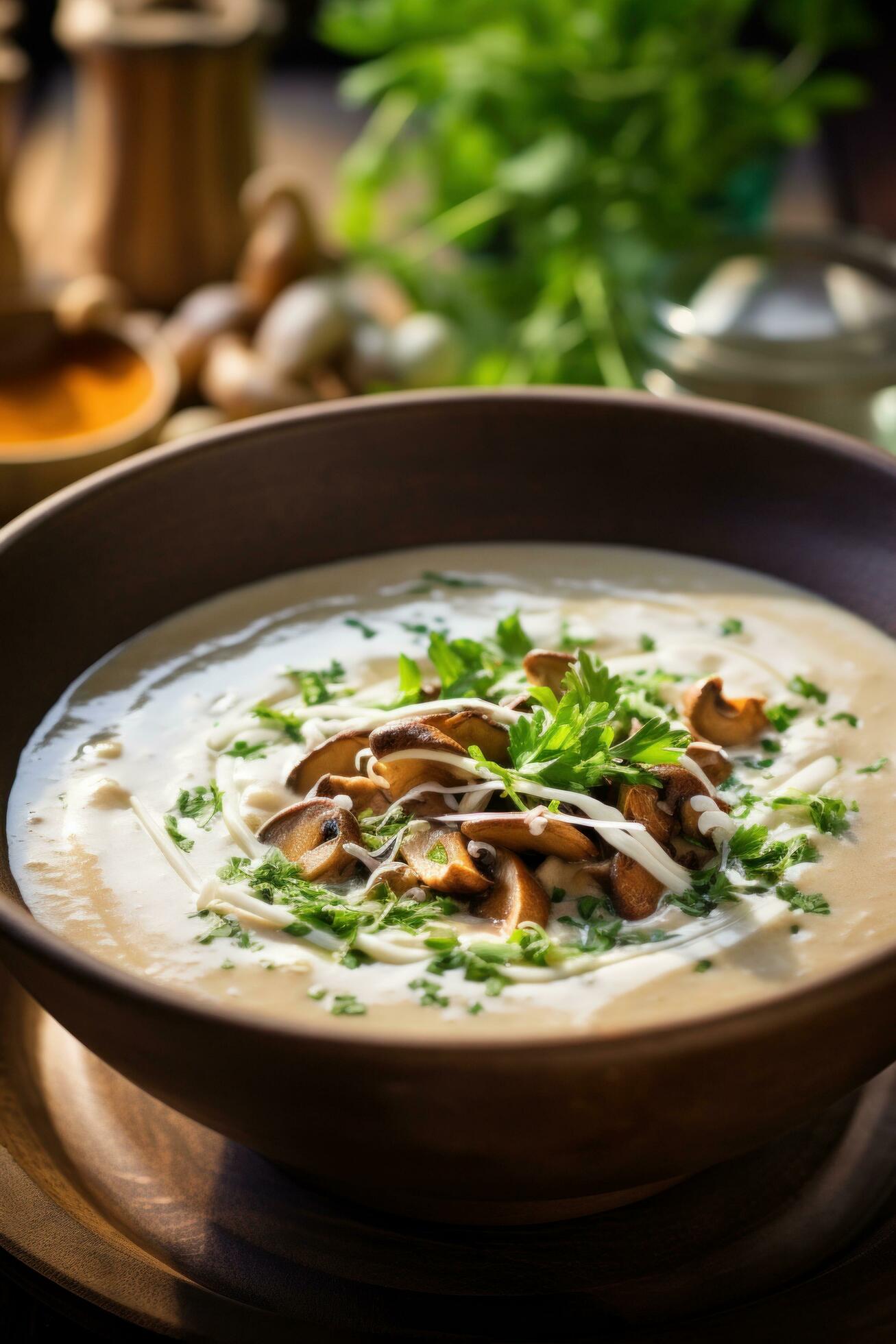 Ai-generated-a-rich-mushroom-soup-with-earthy-shiitake-mushrooms-and-a-swirl-of-cream-for-added-decadence-free-photo