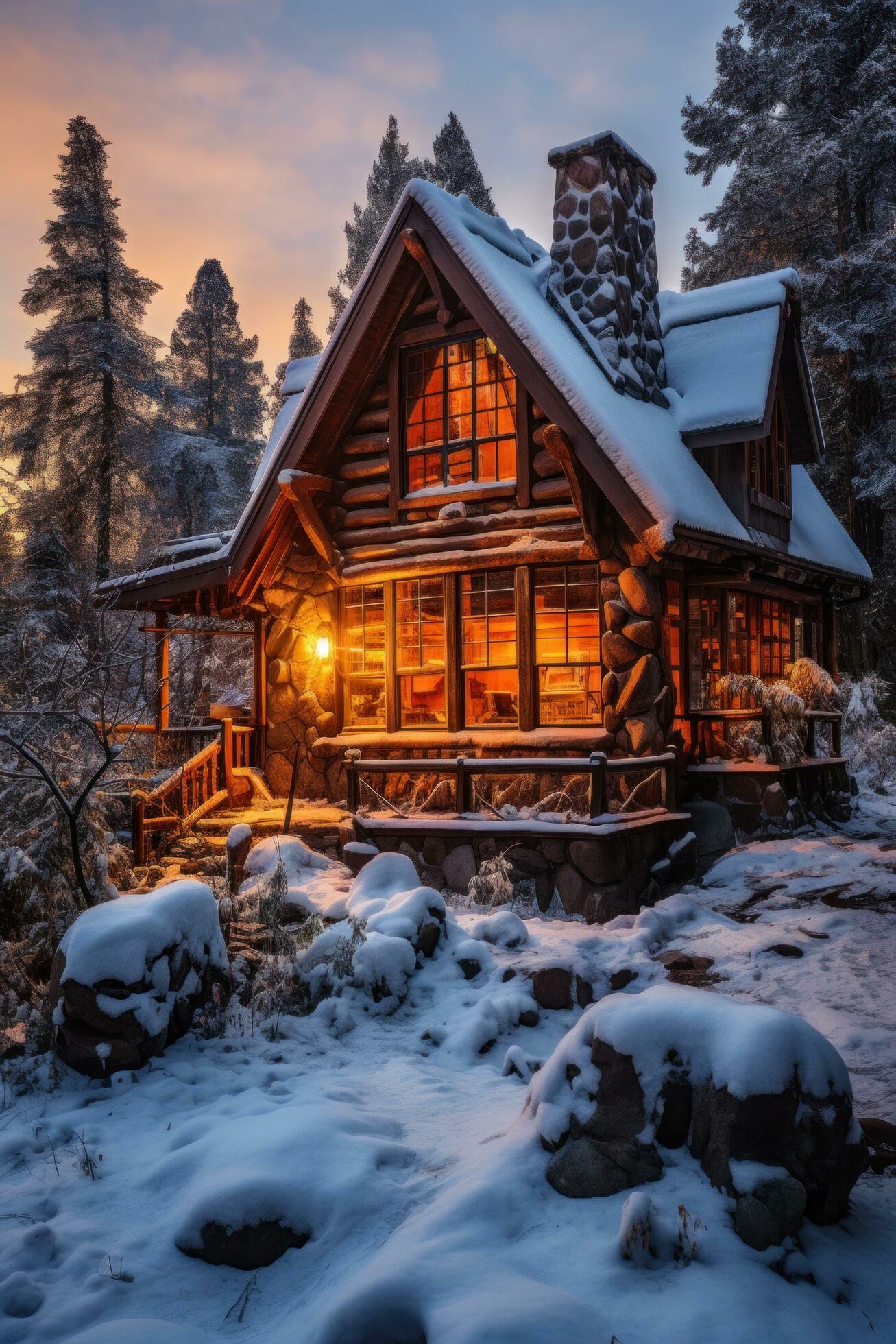 Ai-generated-a-rustic-cabin-with-a-smoking-chimney-sits-in-a-snowy-landscape-free-photo