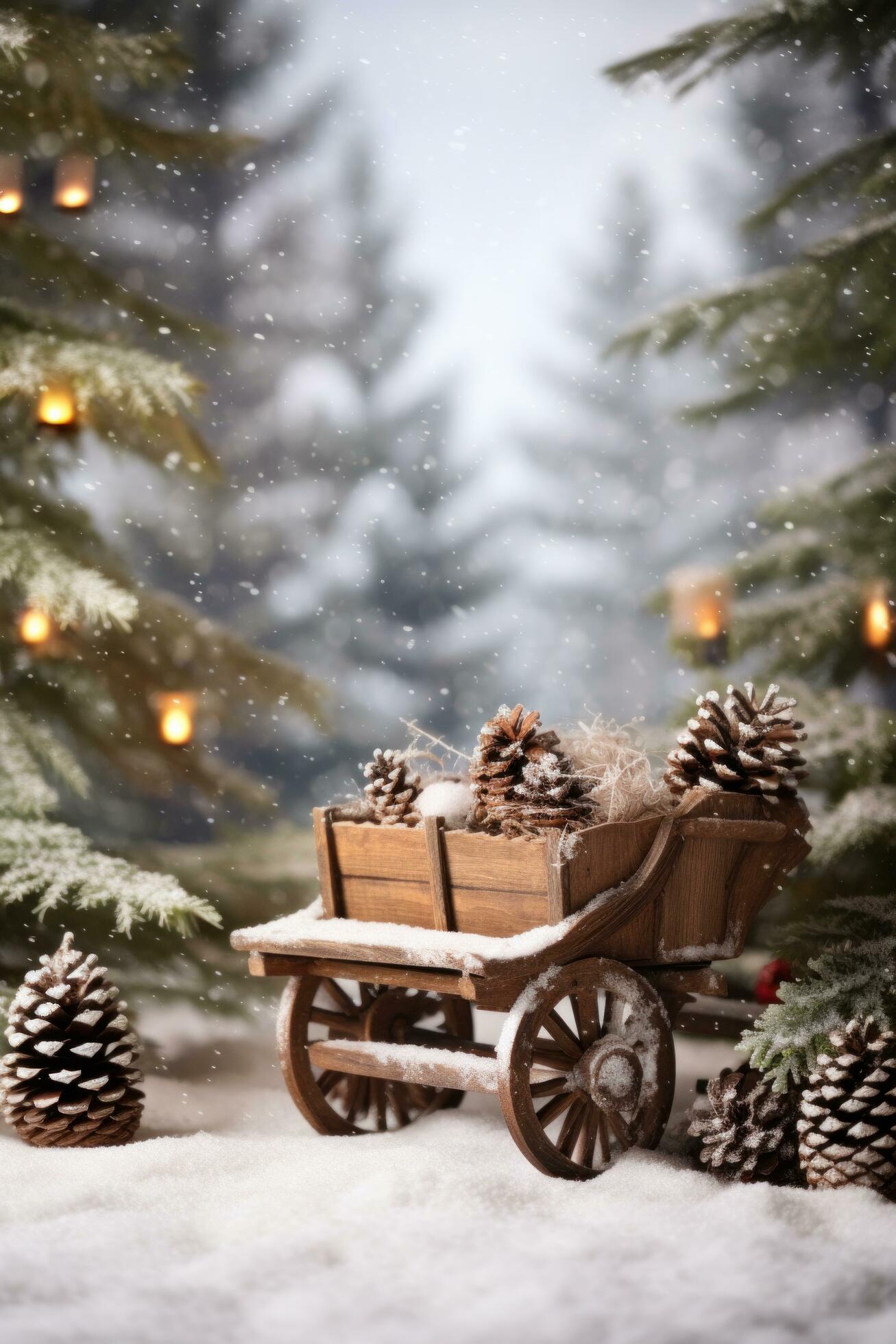 Ai-generated-a-rustic-christmas-scene-with-a-wooden-sled-pine-cones-and-evergreen-branches-free-photo