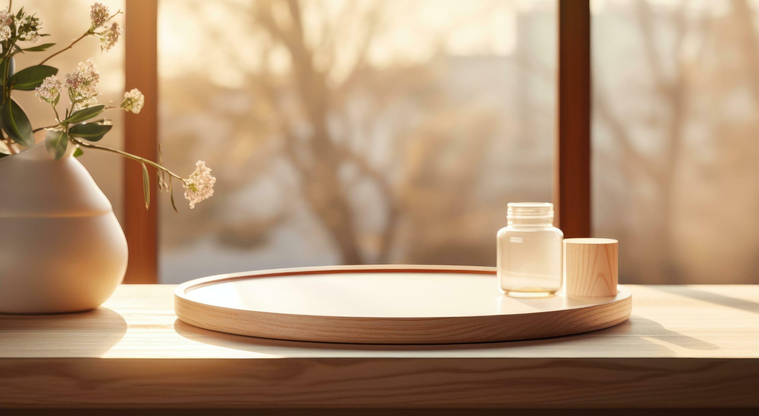 Ai-generated-a-small-tray-is-sitting-in-a-wall-behind-a-solid-wooden-table-free-photo