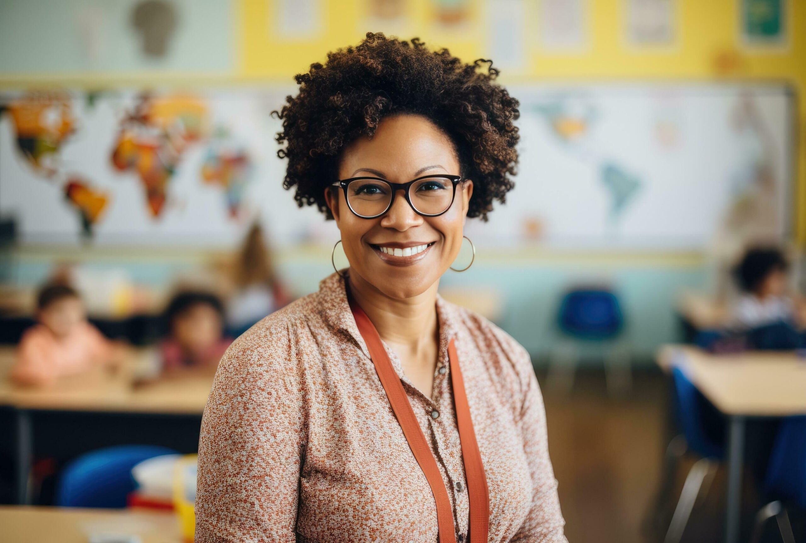 Ai-generated-a-smiling-teacher-in-a-classroom-setting-free-photo