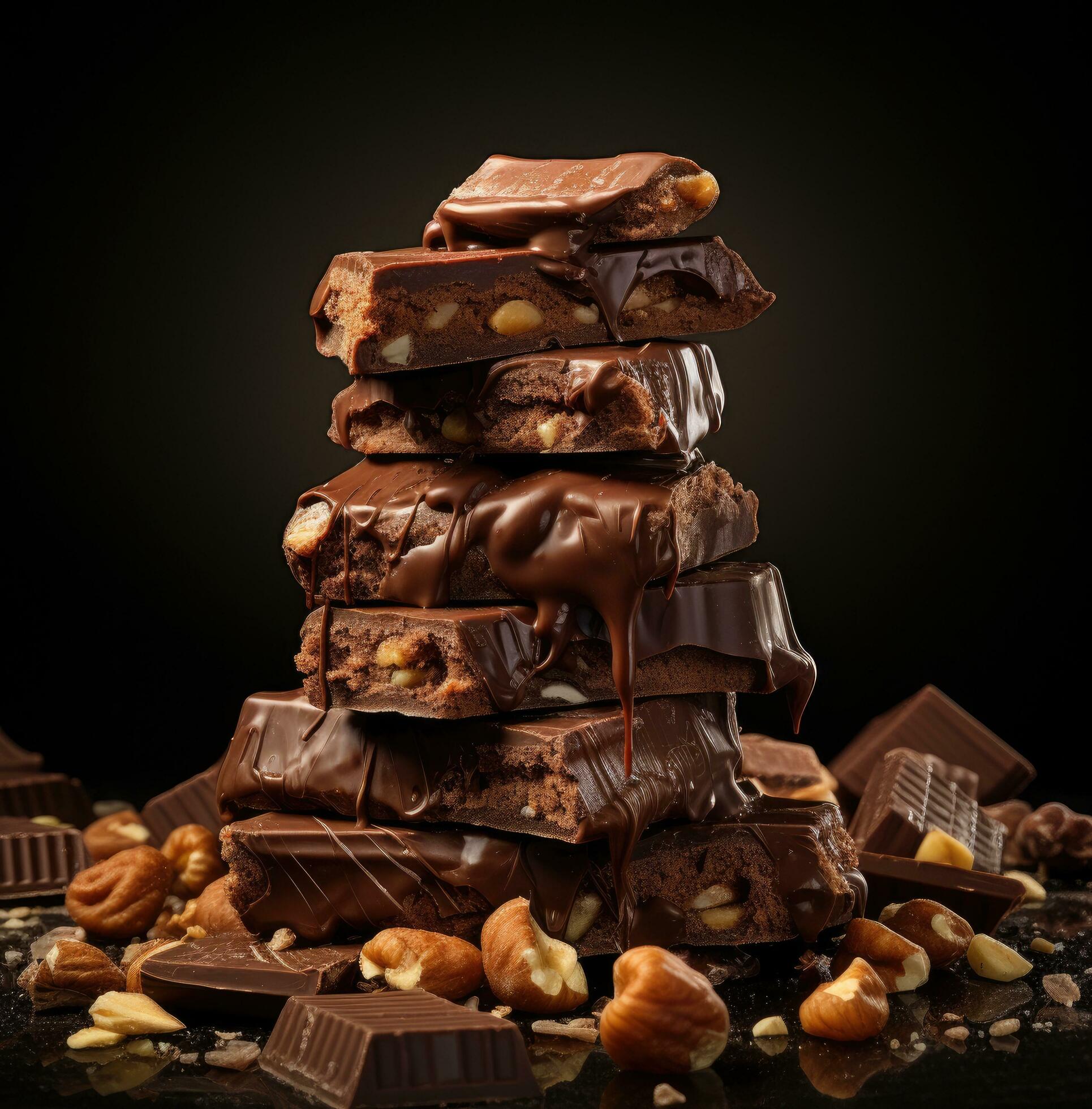 Ai-generated-a-stack-of-chocolate-bars-with-nuts-on-top-free-photo