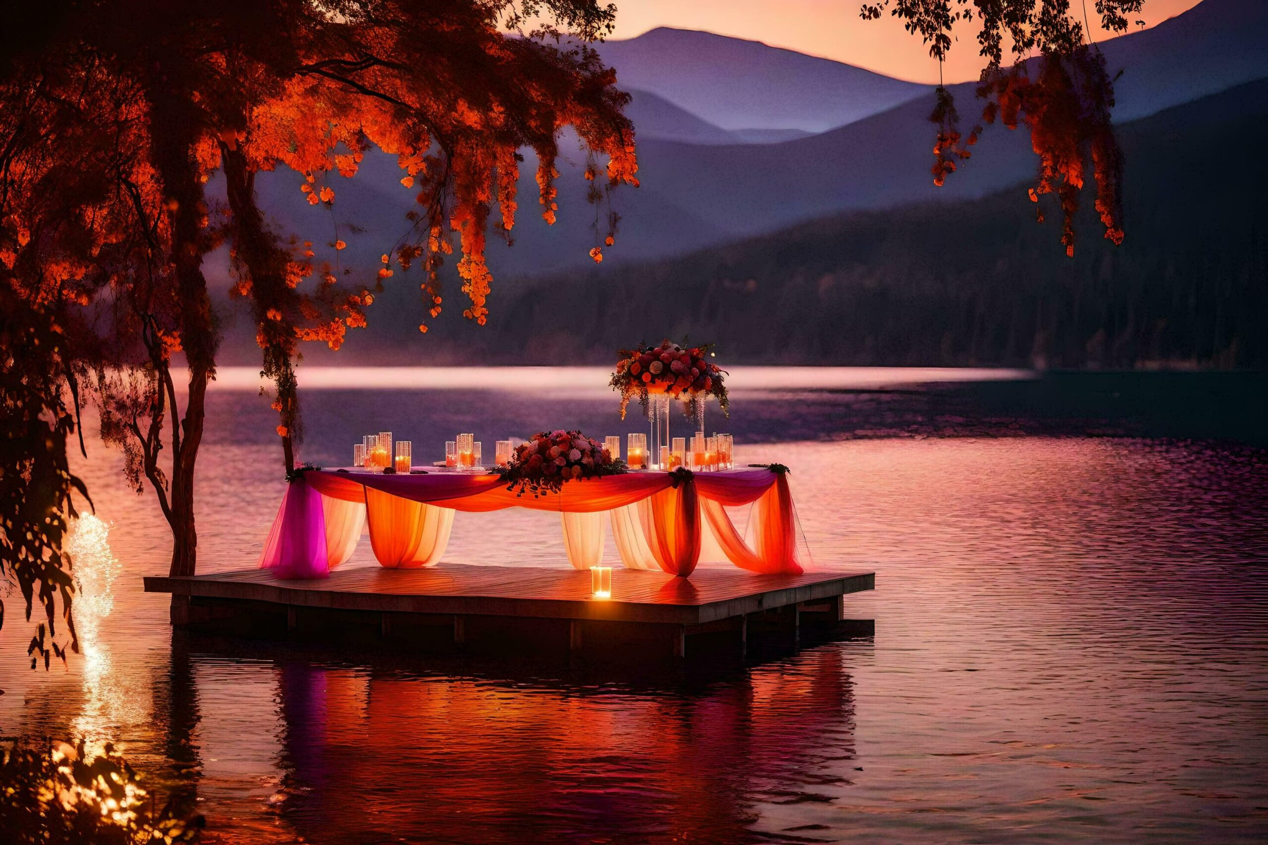 Ai-generated-a-table-set-up-on-a-dock-with-a-red-tablecloth-and-candles-free-photo