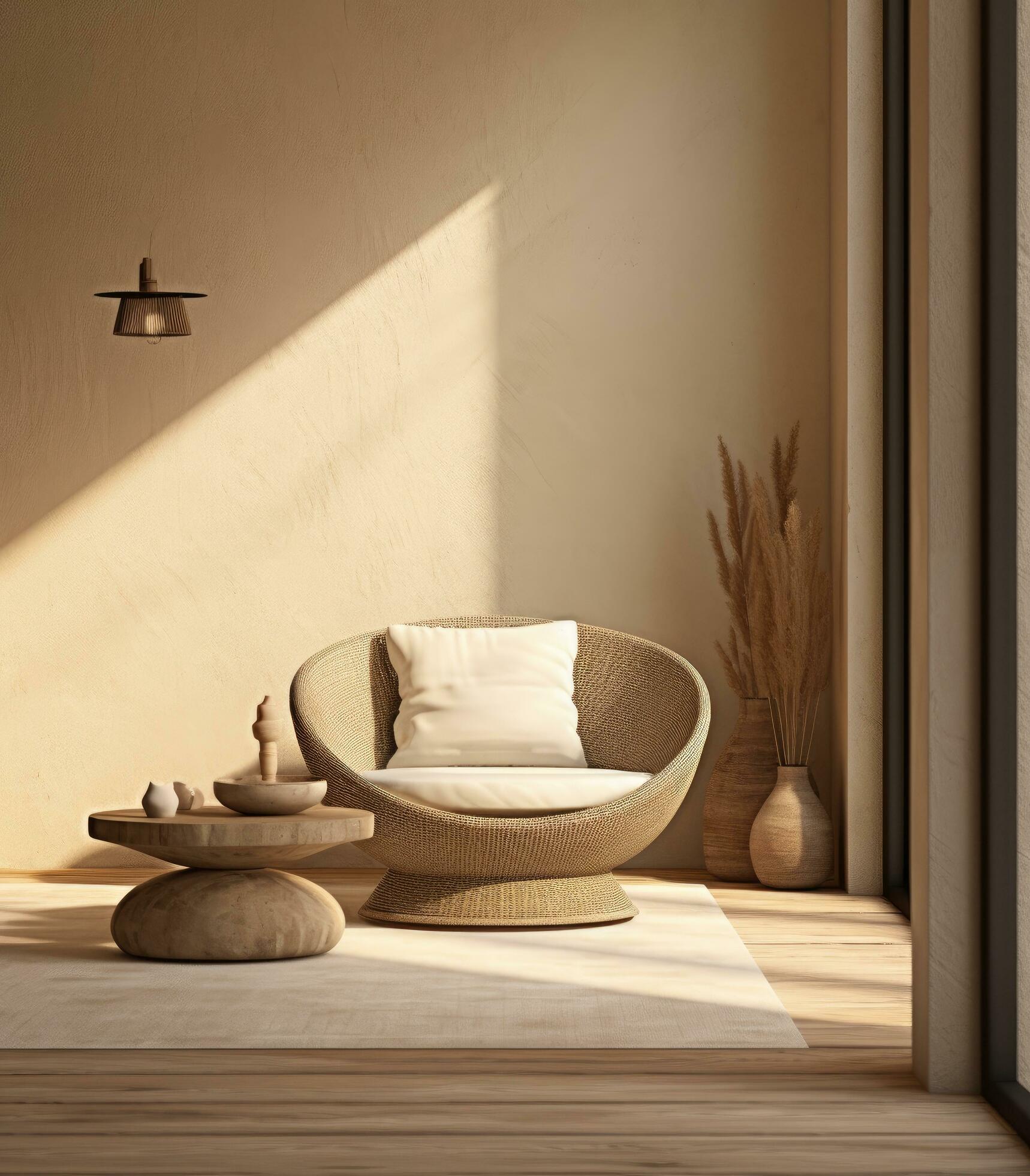 Ai-generated-a-table-with-candle-and-two-large-white-pillows-next-to-a-lounge-chair-tan-wall-free-photo