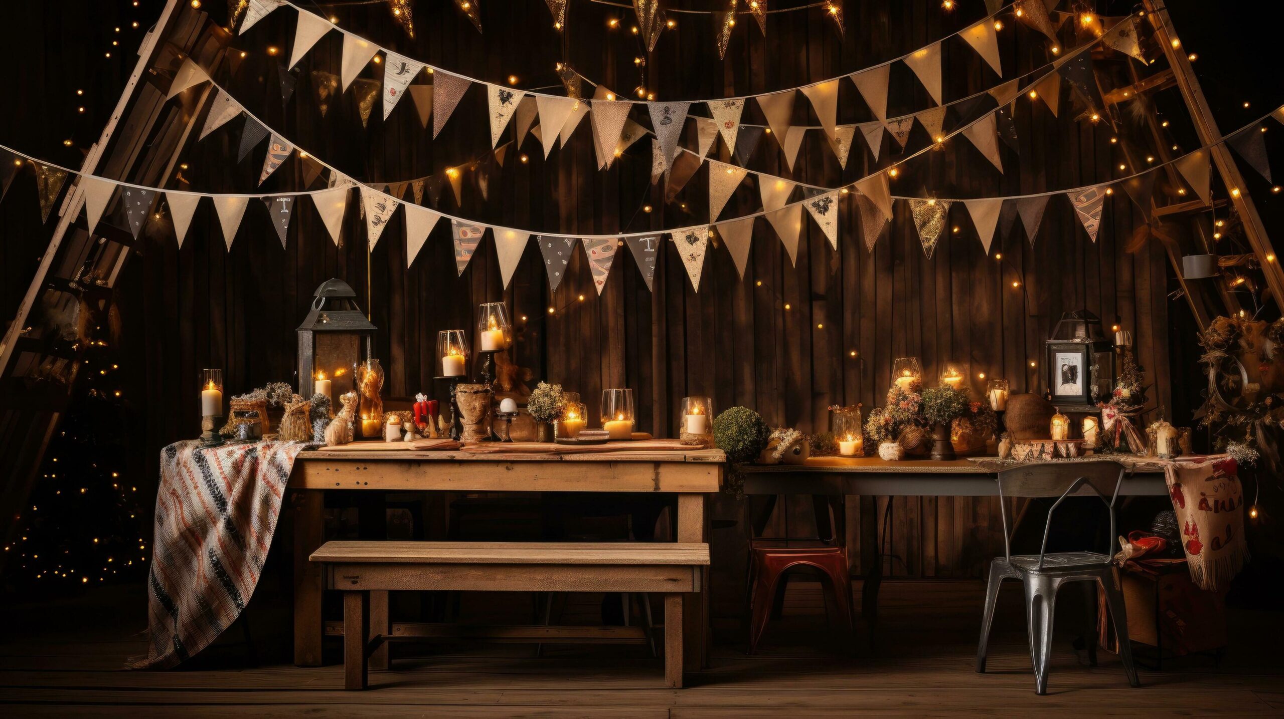 Ai-generated-a-table-with-colorful-party-bunting-and-lights-free-photo