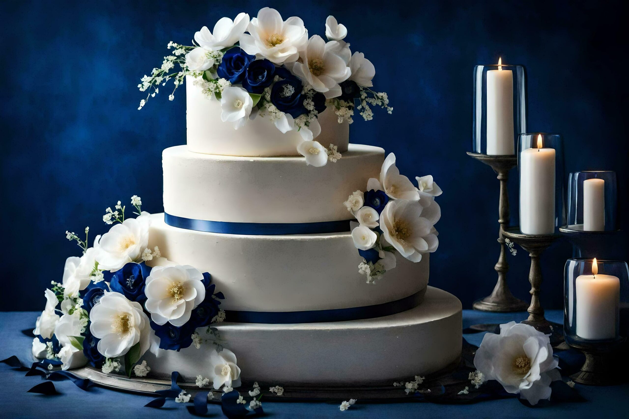 Ai-generated-a-three-tiered-wedding-cake-with-blue-and-white-flowers-free-photo