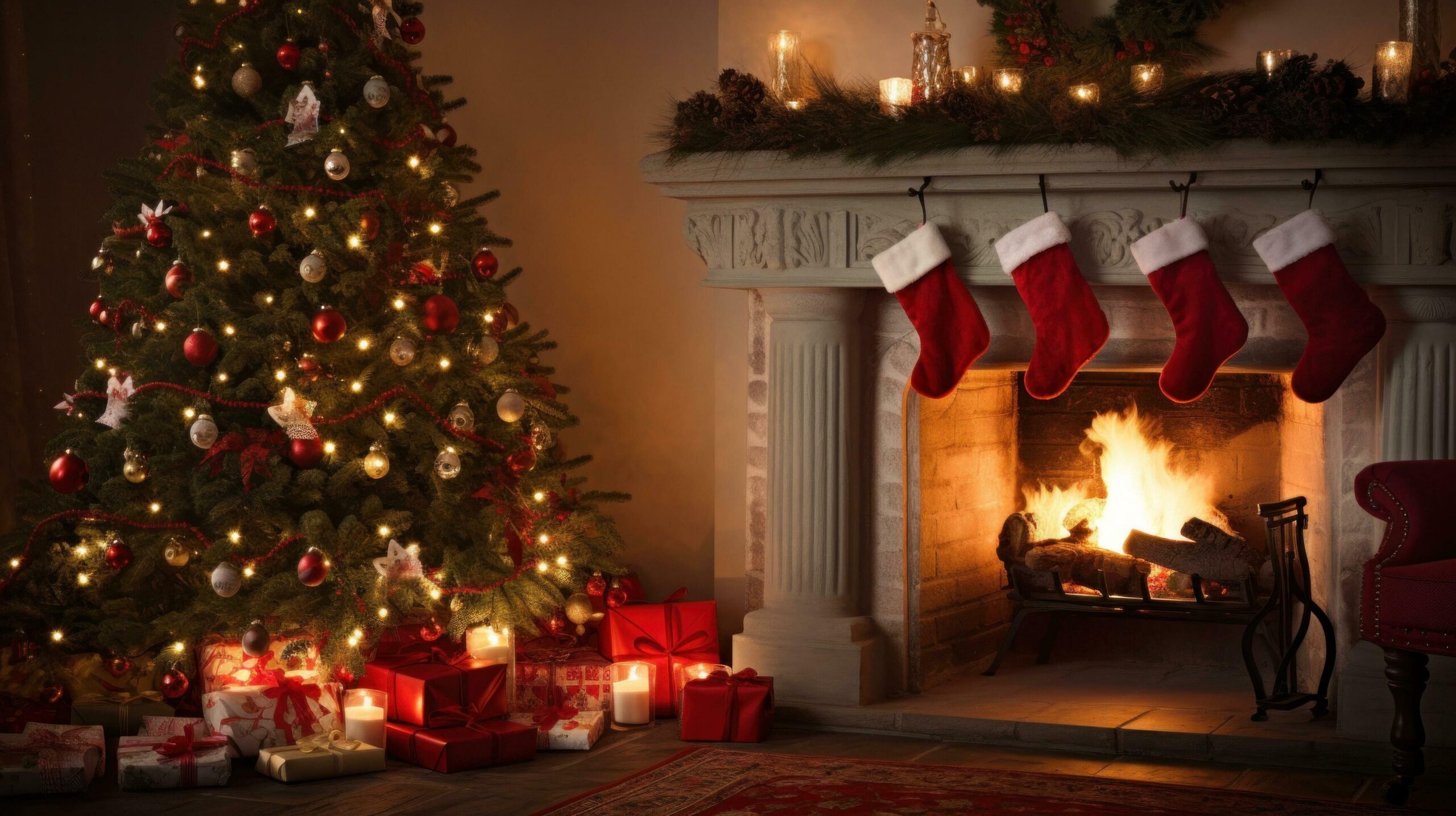 Ai-generated-a-warm-and-cozy-christmas-scene-with-a-fireplace-decorated-with-garlands-and-stockings-free-photo