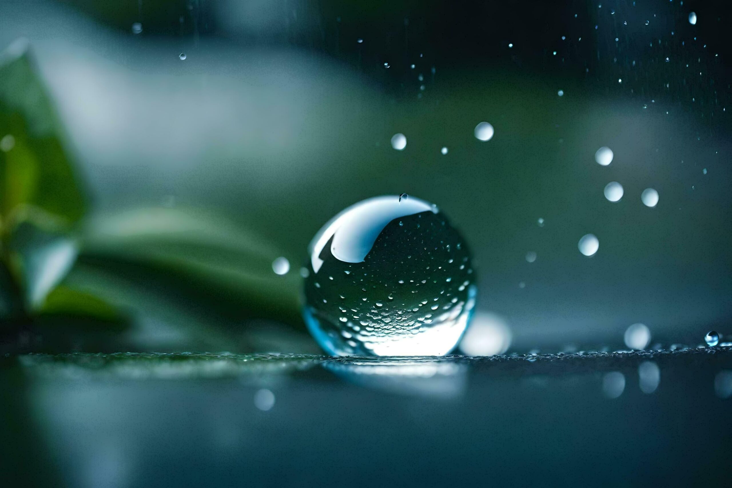 Ai-generated-a-water-droplet-is-sitting-on-the-ground-with-leaves-free-photo