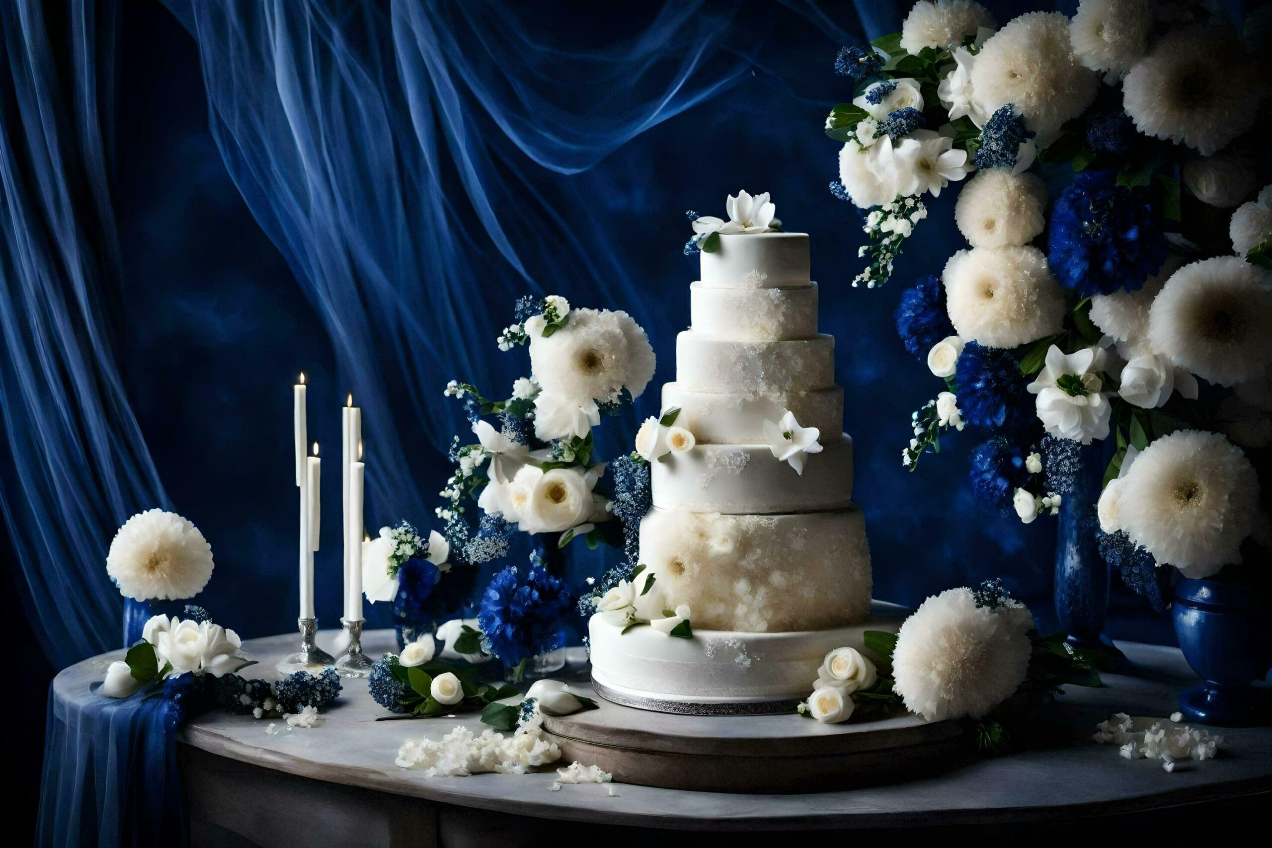 Ai-generated-a-wedding-cake-is-decorated-with-blue-flowers-free-photo