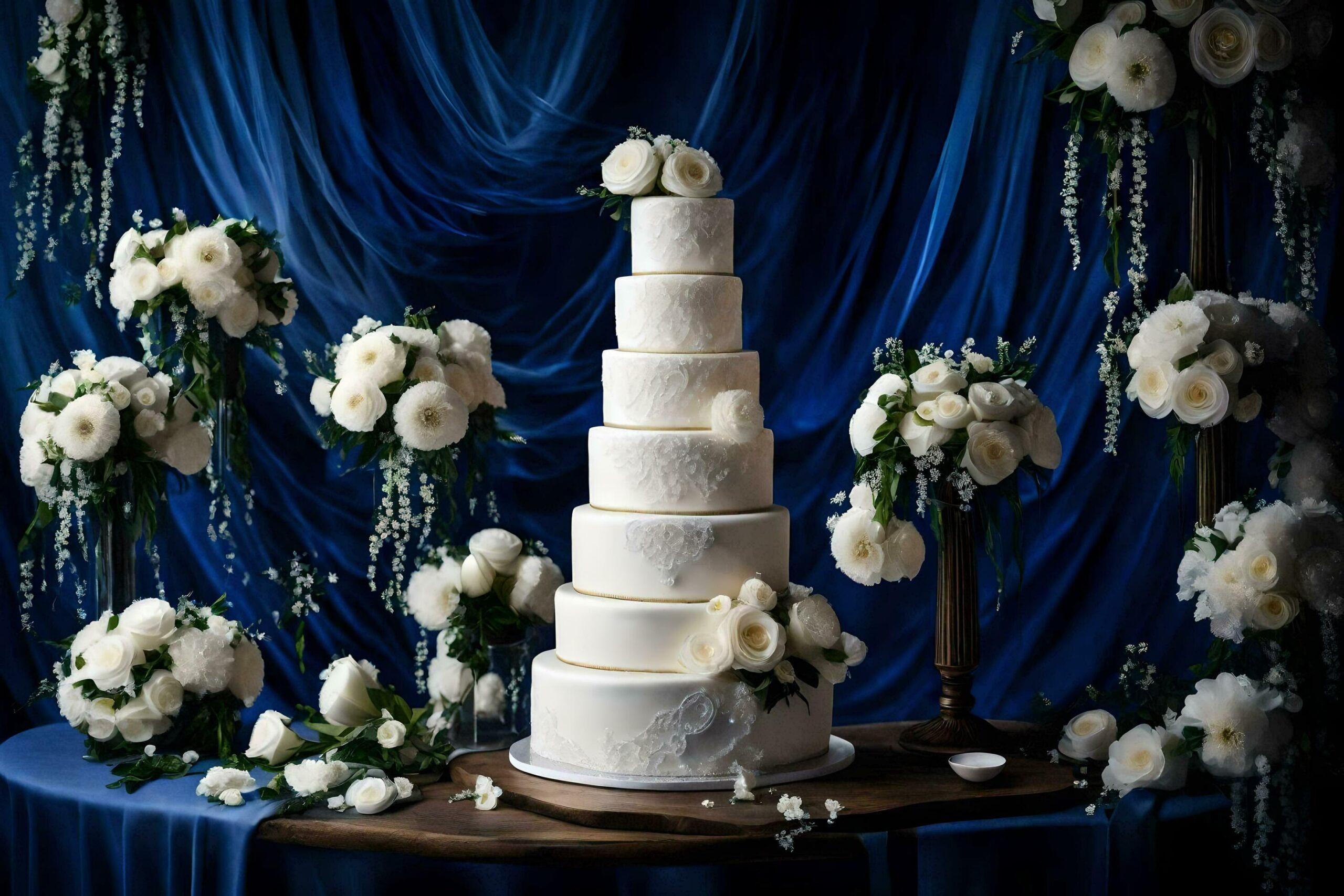 Ai-generated-a-wedding-cake-on-a-blue-table-with-flowers-free-photo