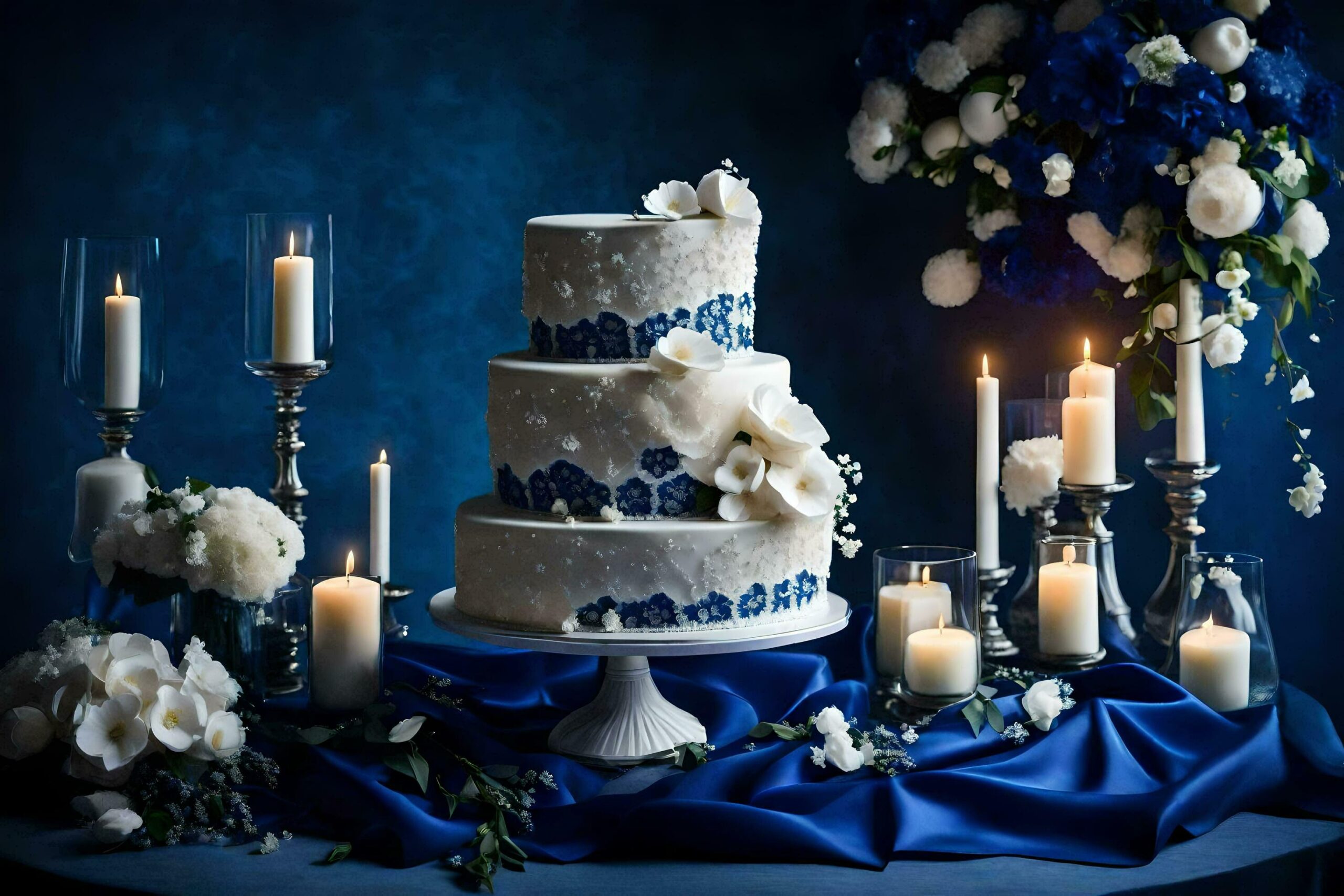 Ai-generated-a-wedding-cake-with-blue-and-white-flowers-free-photo