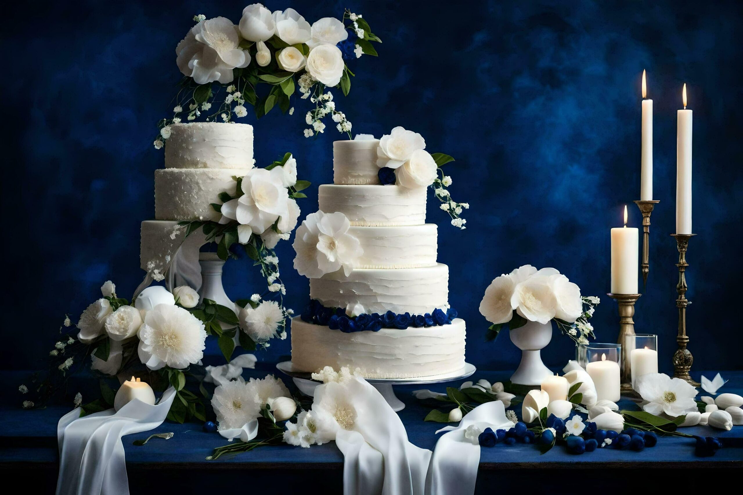 Ai-generated-a-wedding-cake-with-white-flowers-and-blue-ribbon-free-photo