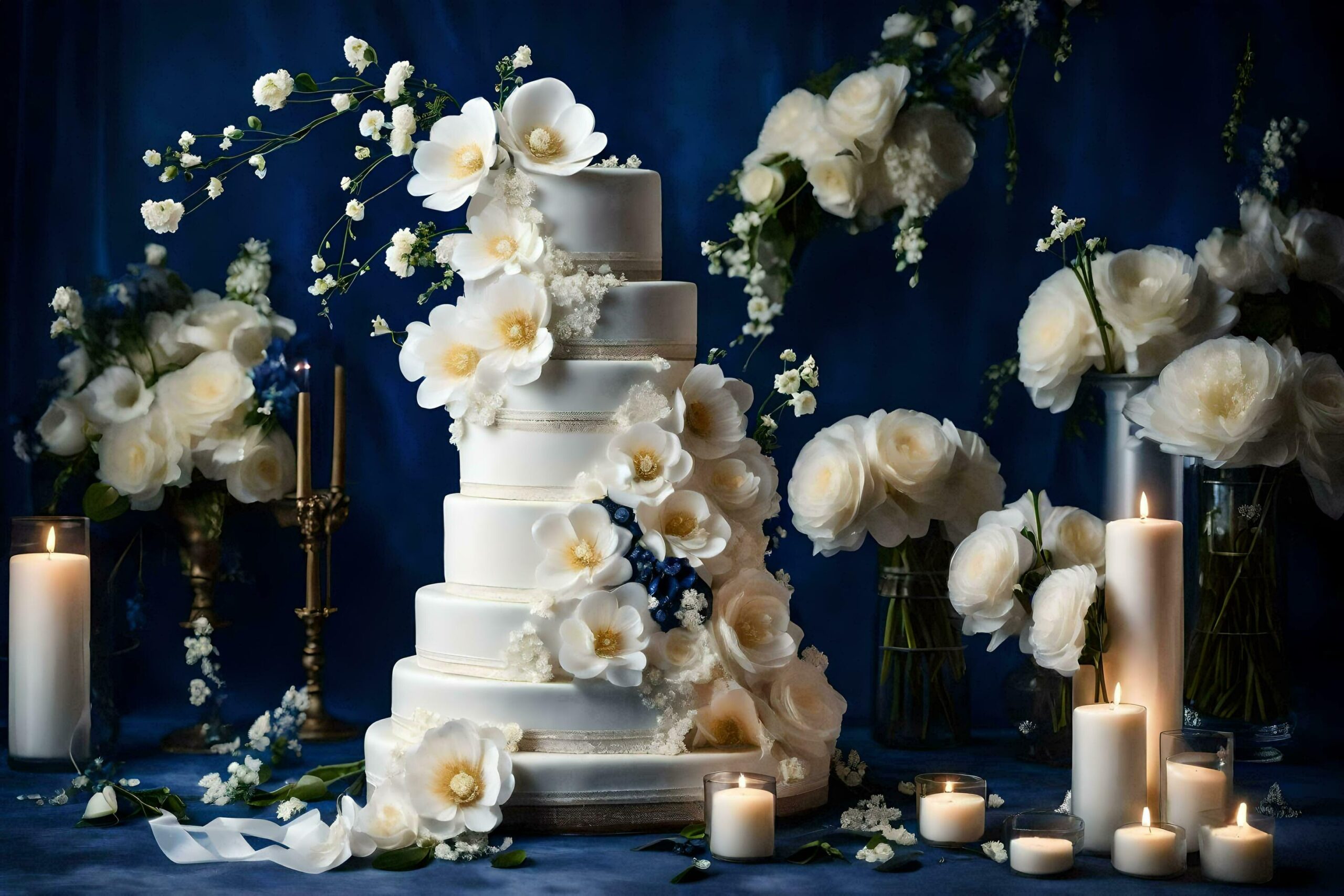 Ai-generated-a-wedding-cake-with-white-flowers-and-candles-free-photo