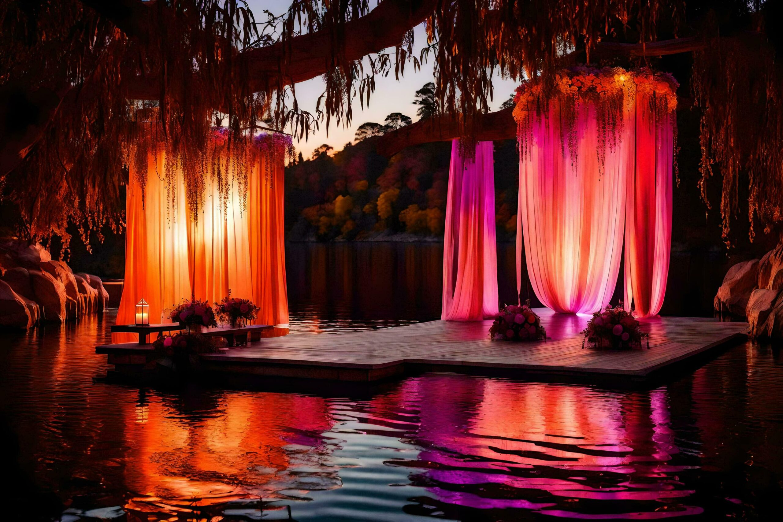 Ai-generated-a-wedding-ceremony-on-a-dock-with-purple-curtains-free-photo