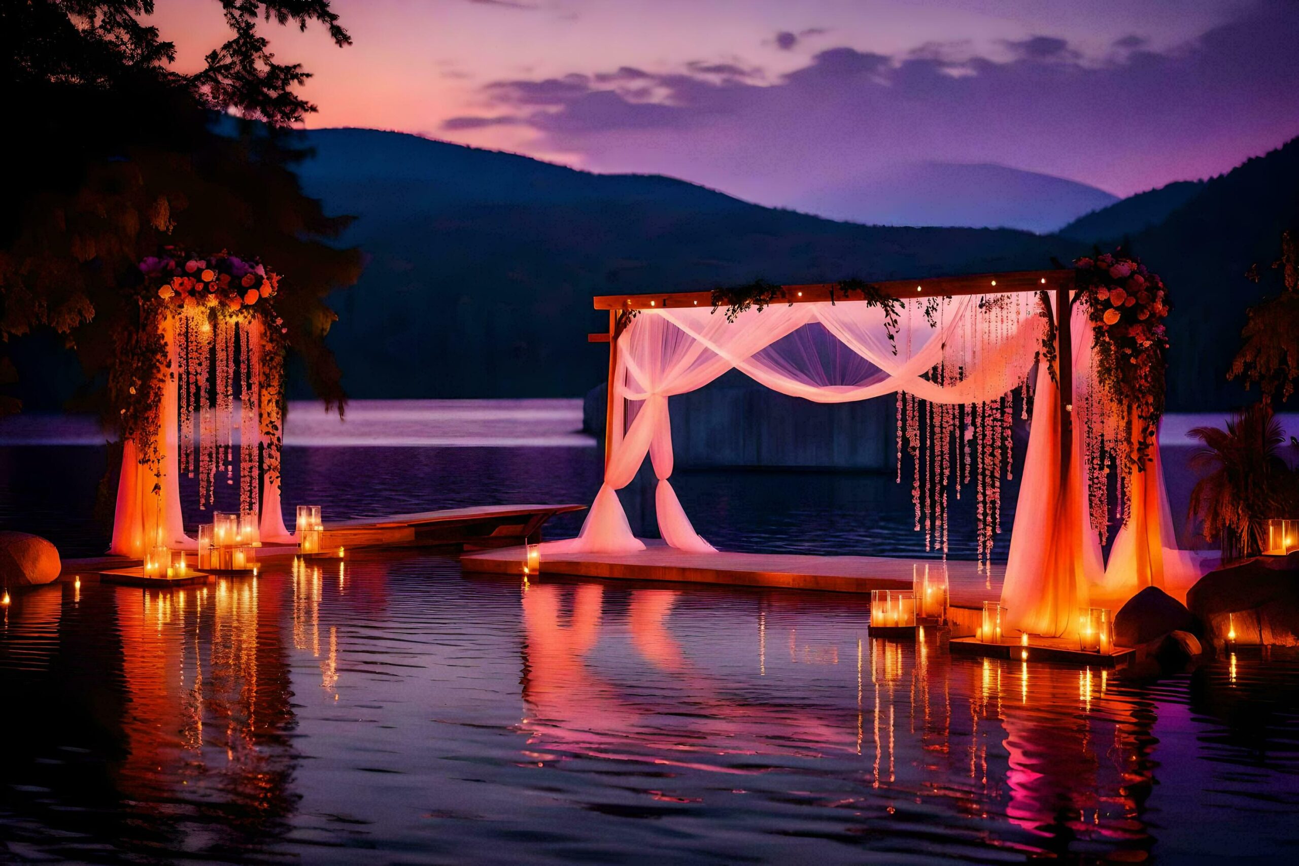 Ai-generated-a-wedding-ceremony-set-up-on-the-water-at-sunset-free-photo